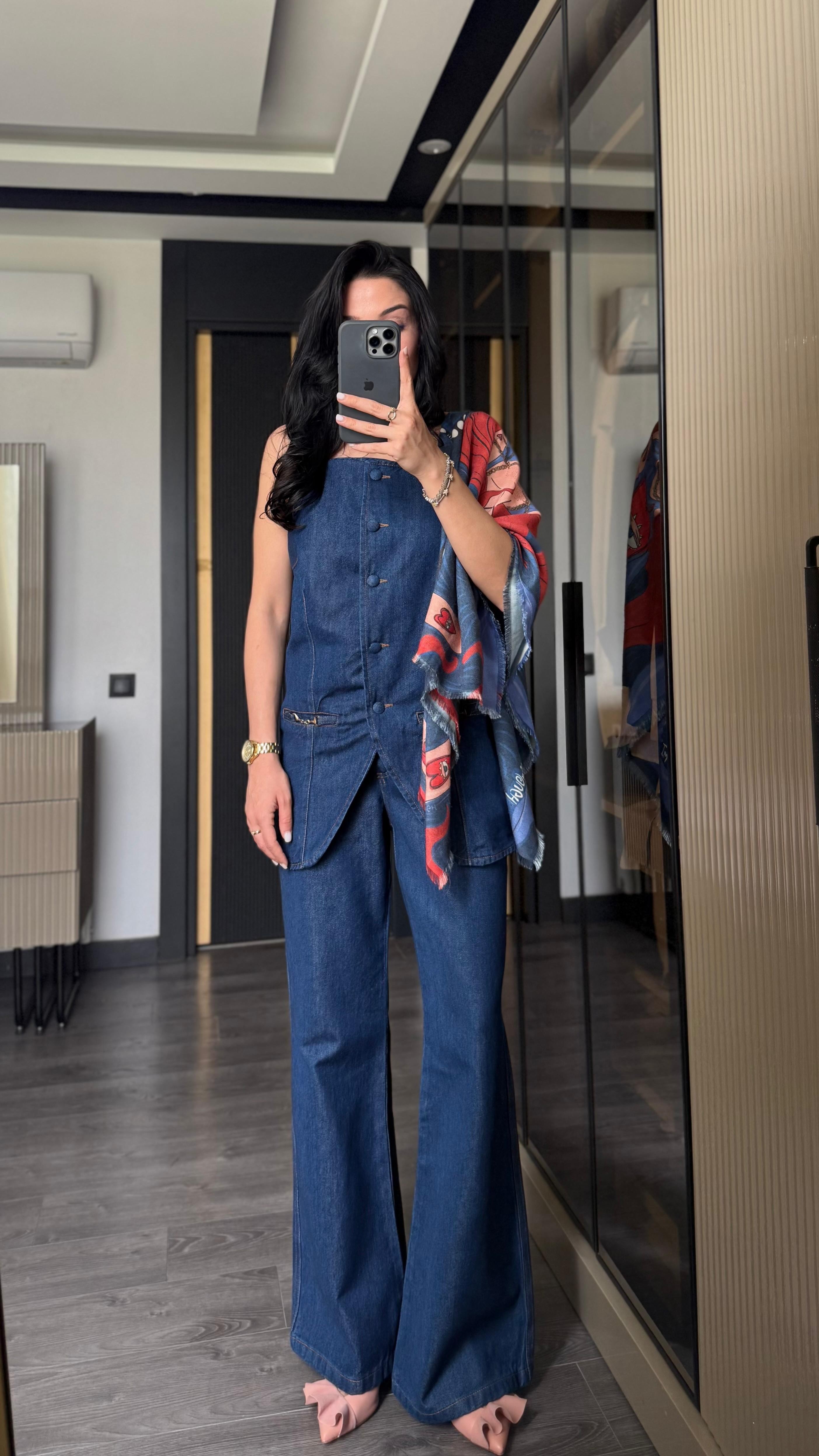 Askılı Denim Takım