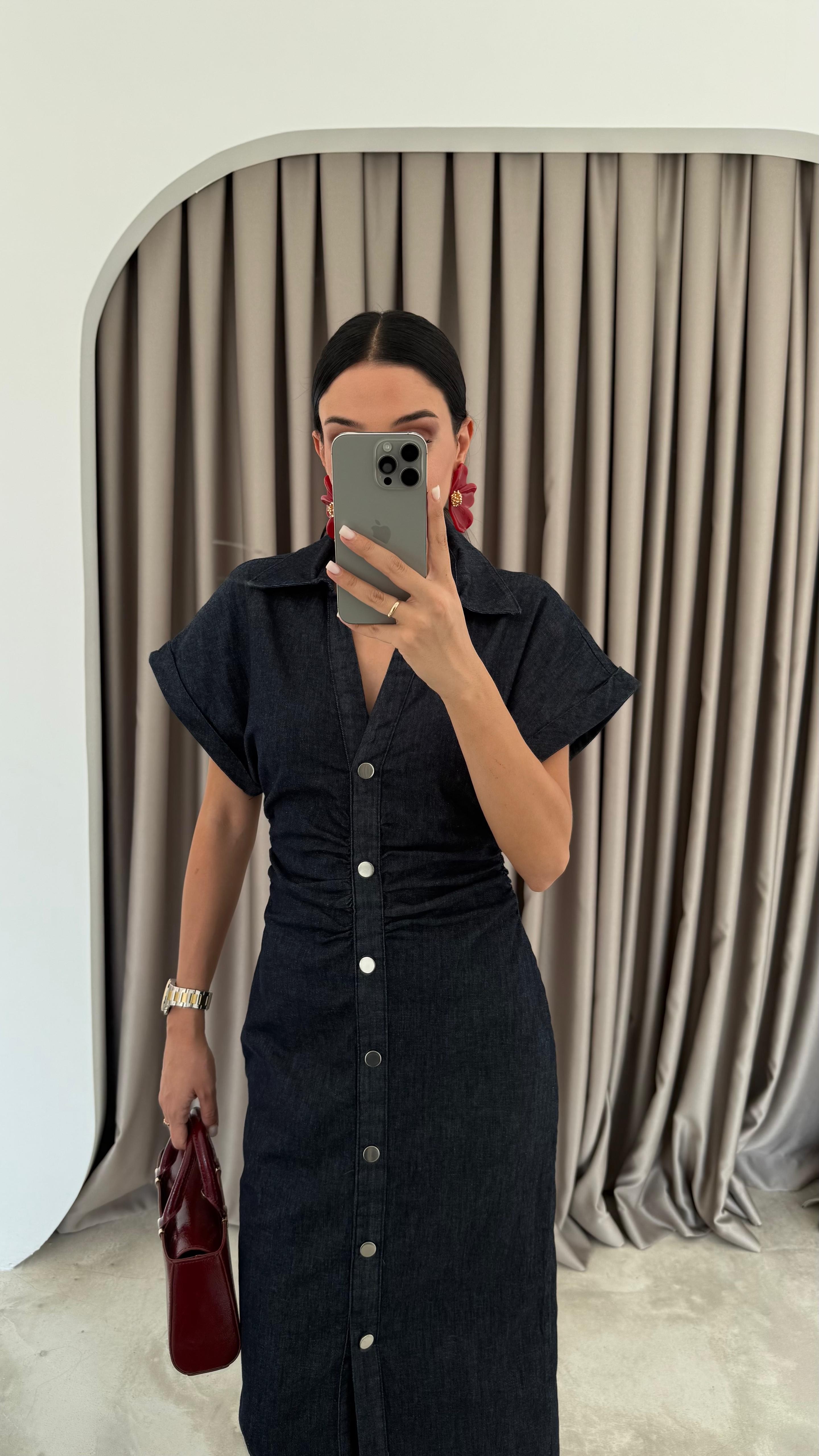 Denim Düşük Kol Drapeli Elbise (VNT8198)
