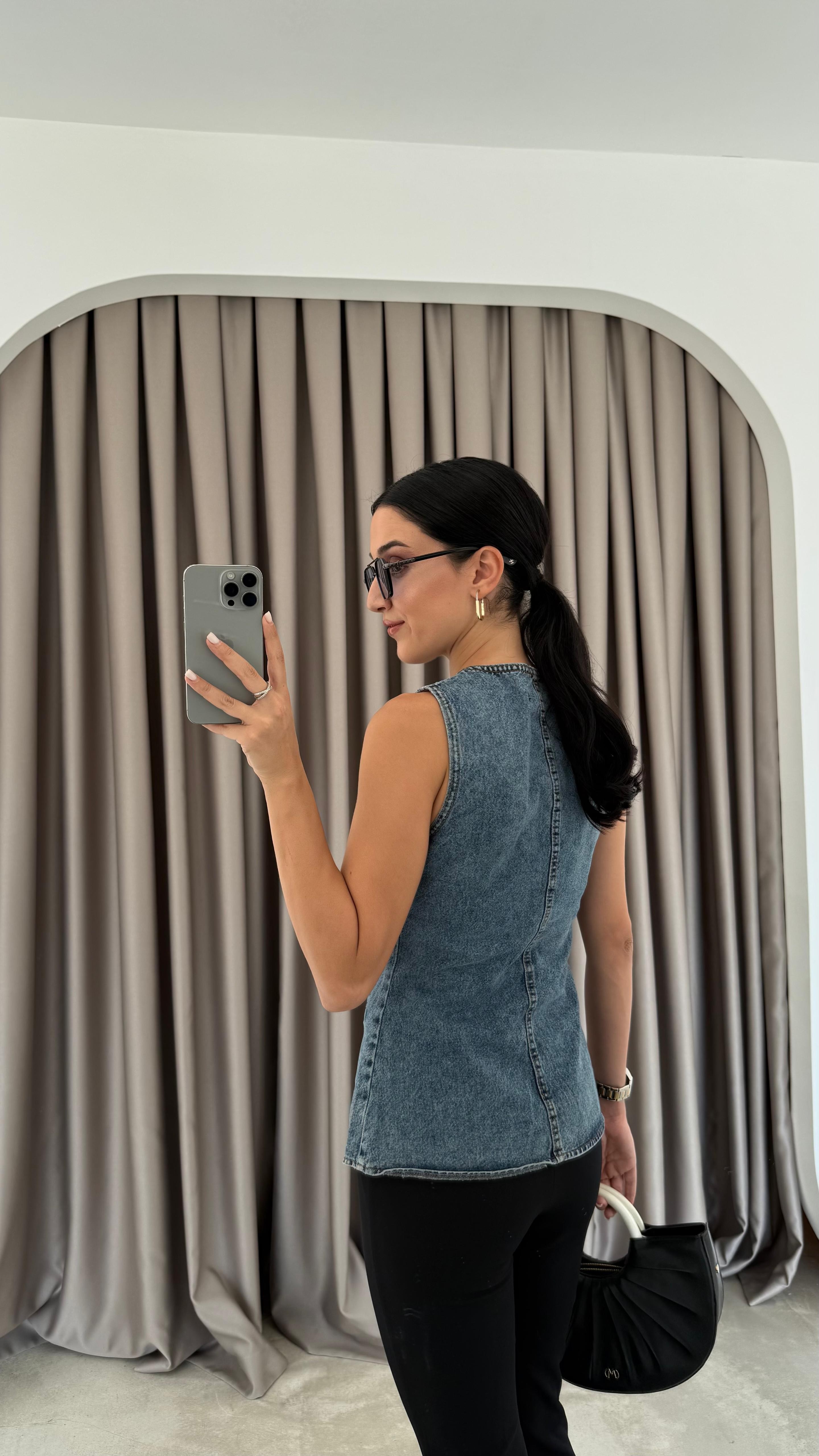 Metal Düğmeli Denim Yelek (VNT0536)