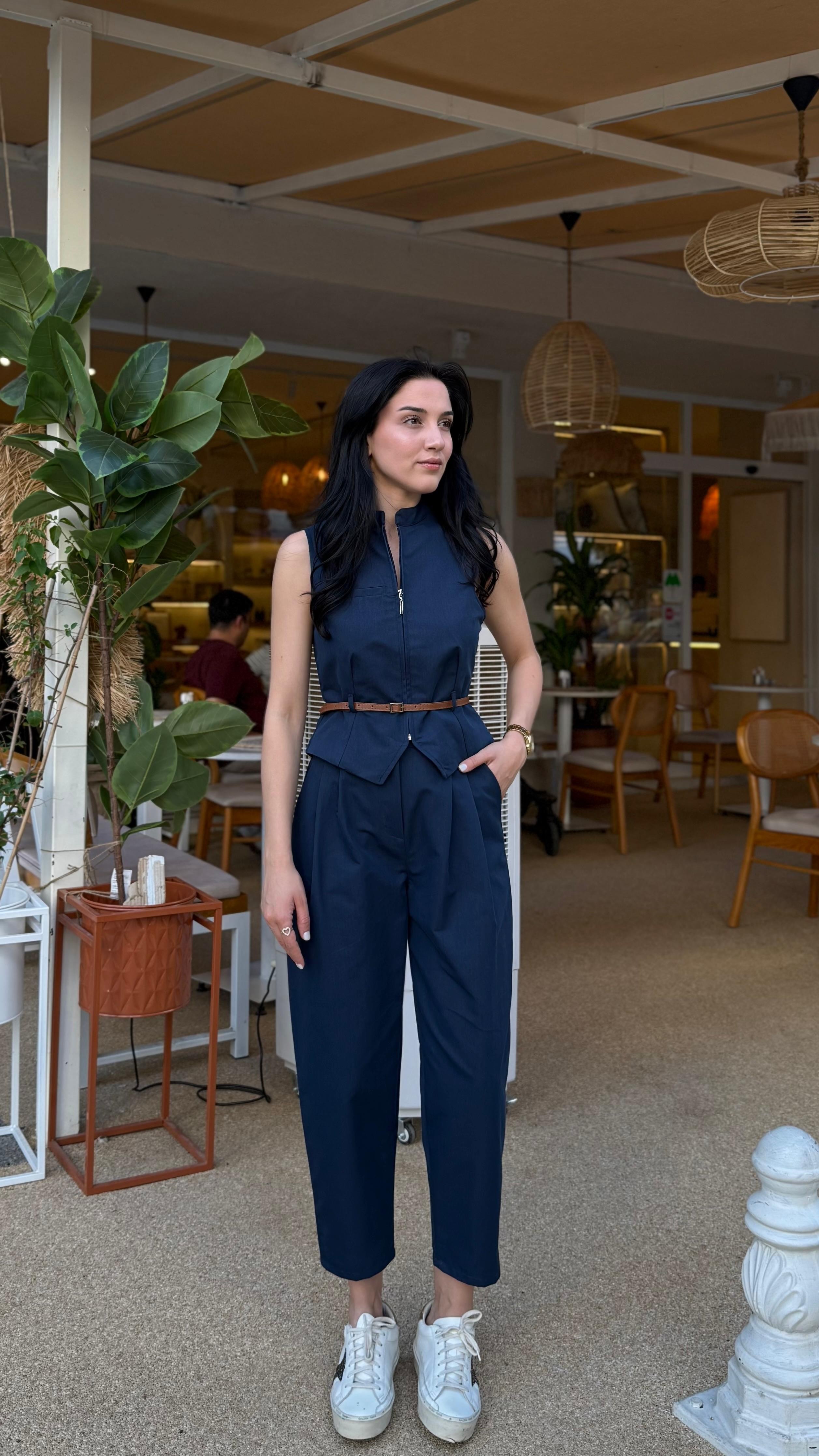 Gabardin Taba Kemerli Yelek Takım - Lacivert