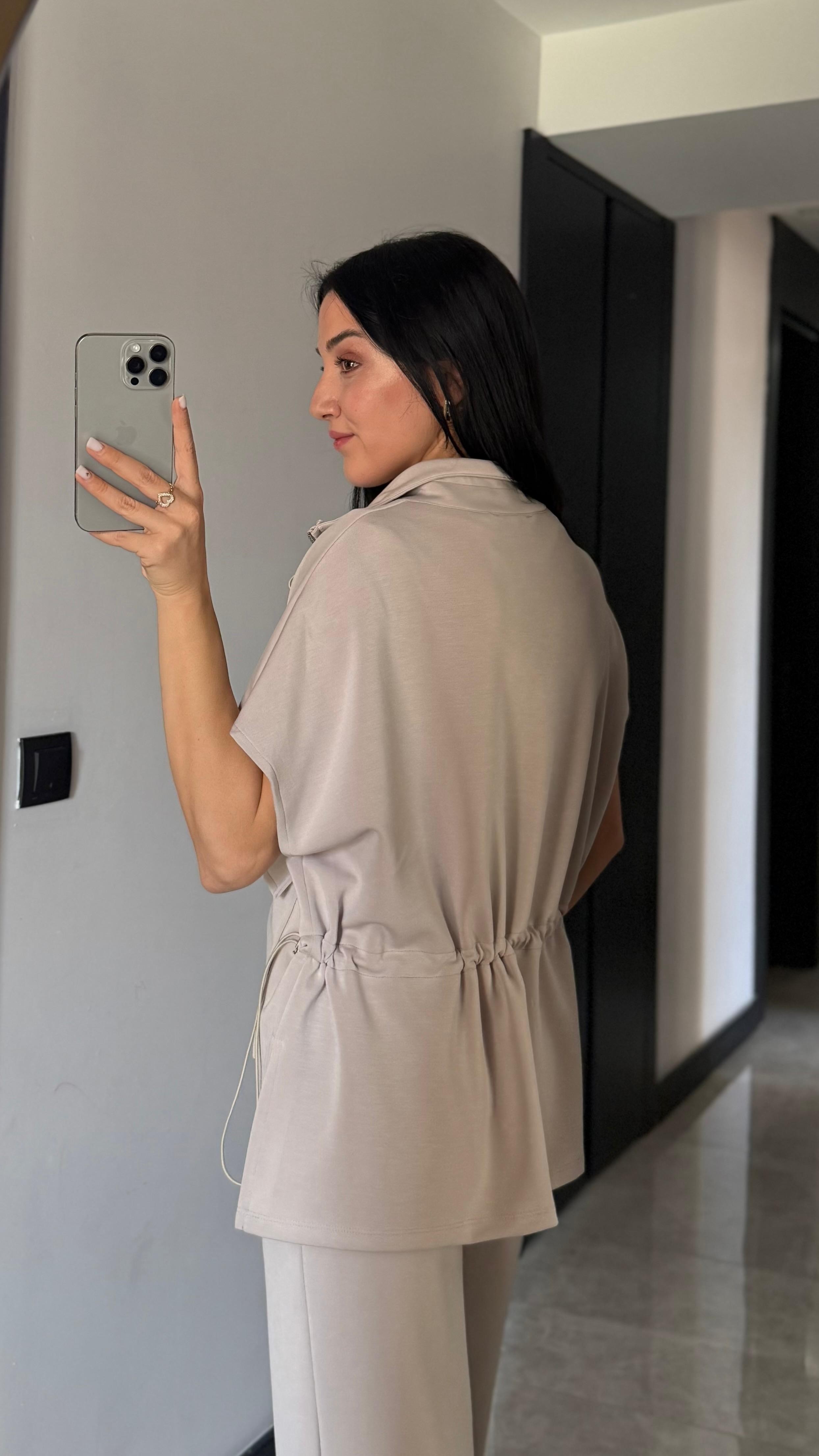 Bel Lastik Detaylı Yelekli Modal Takım