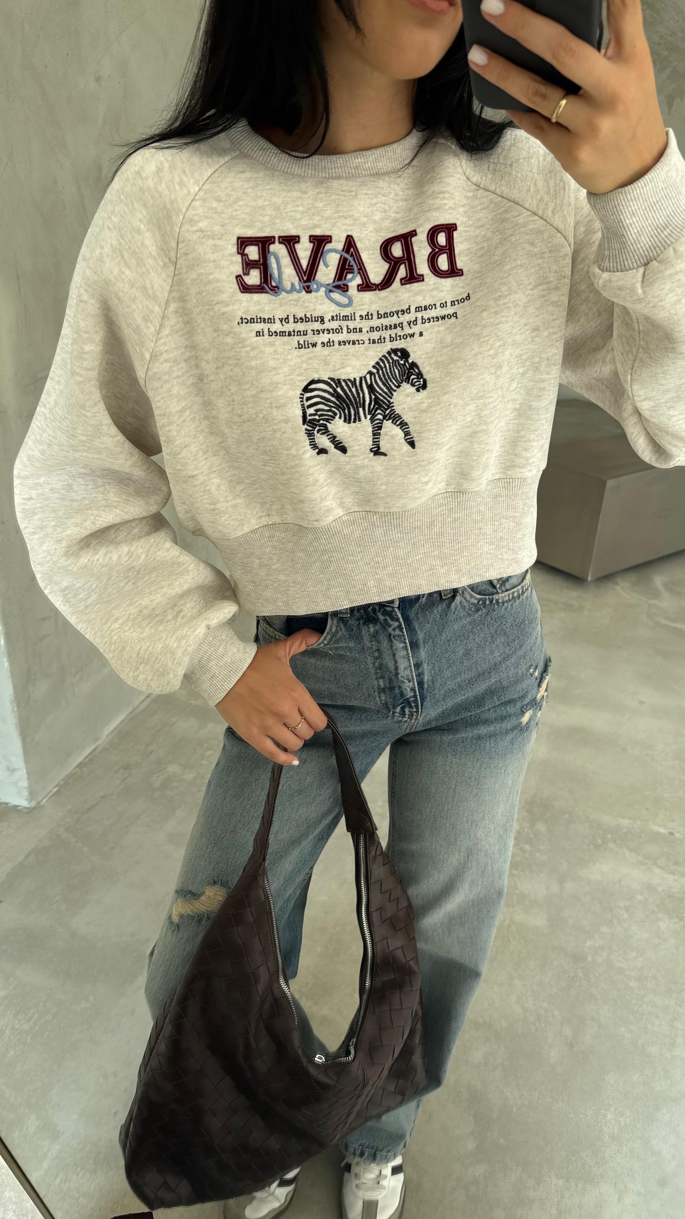 Zebra Nakışlı Sırtı Fermuarlı Sweatshirt (VNT01022)