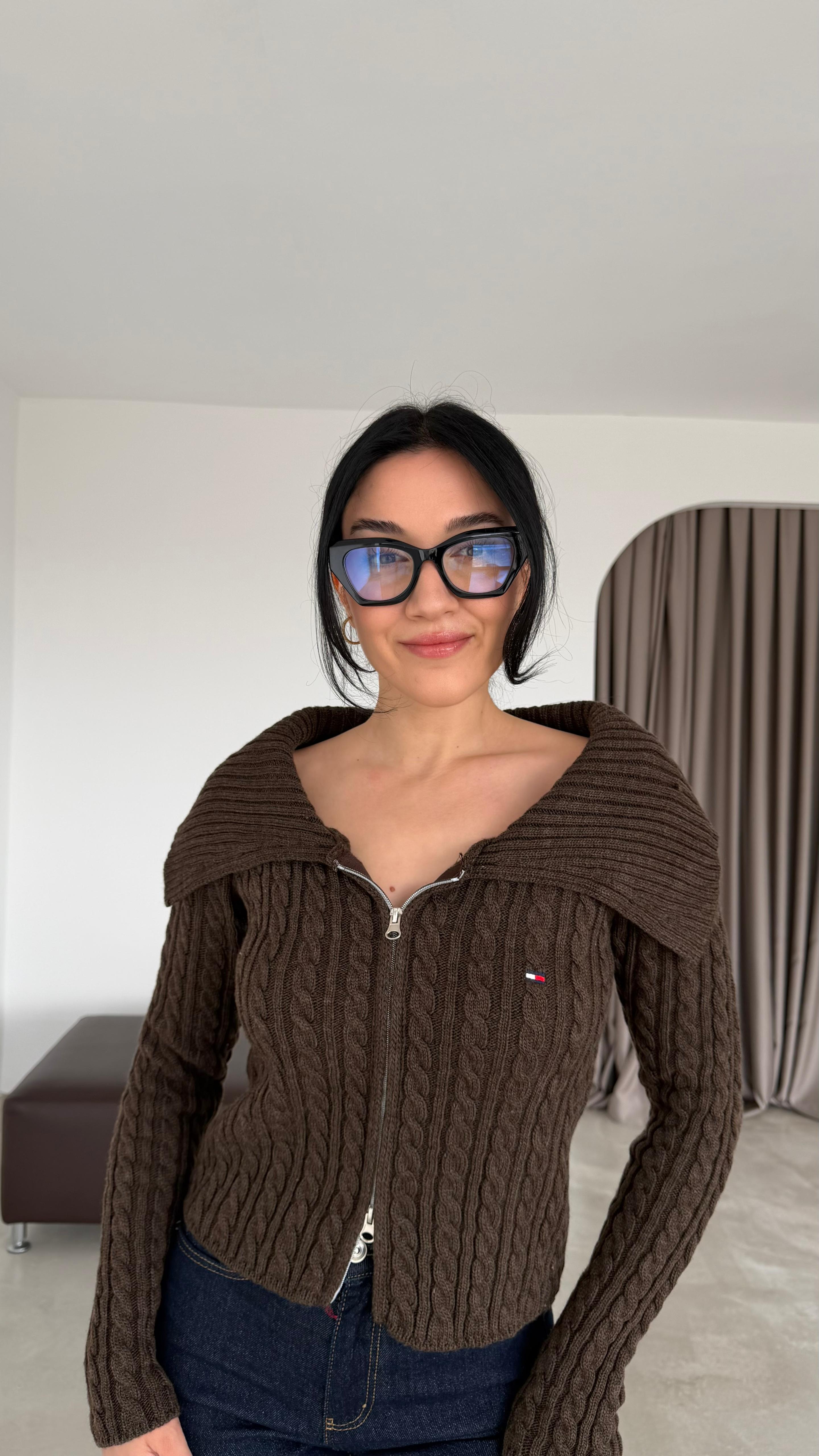 Orijinal Marka Etiketli Saç Örgülü Hırka - KAHVERENGİ