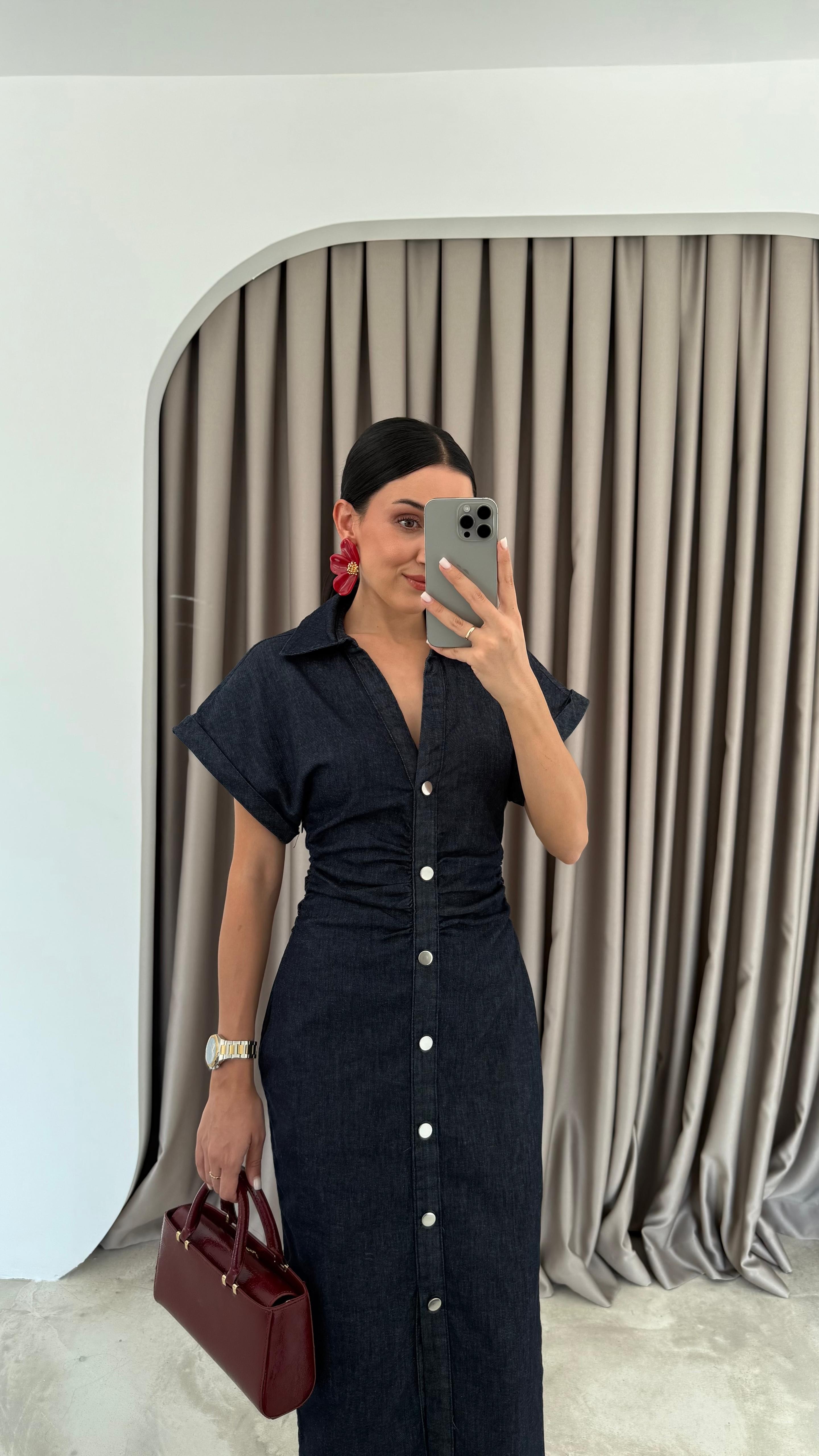 Denim Düşük Kol Drapeli Elbise (VNT8198)