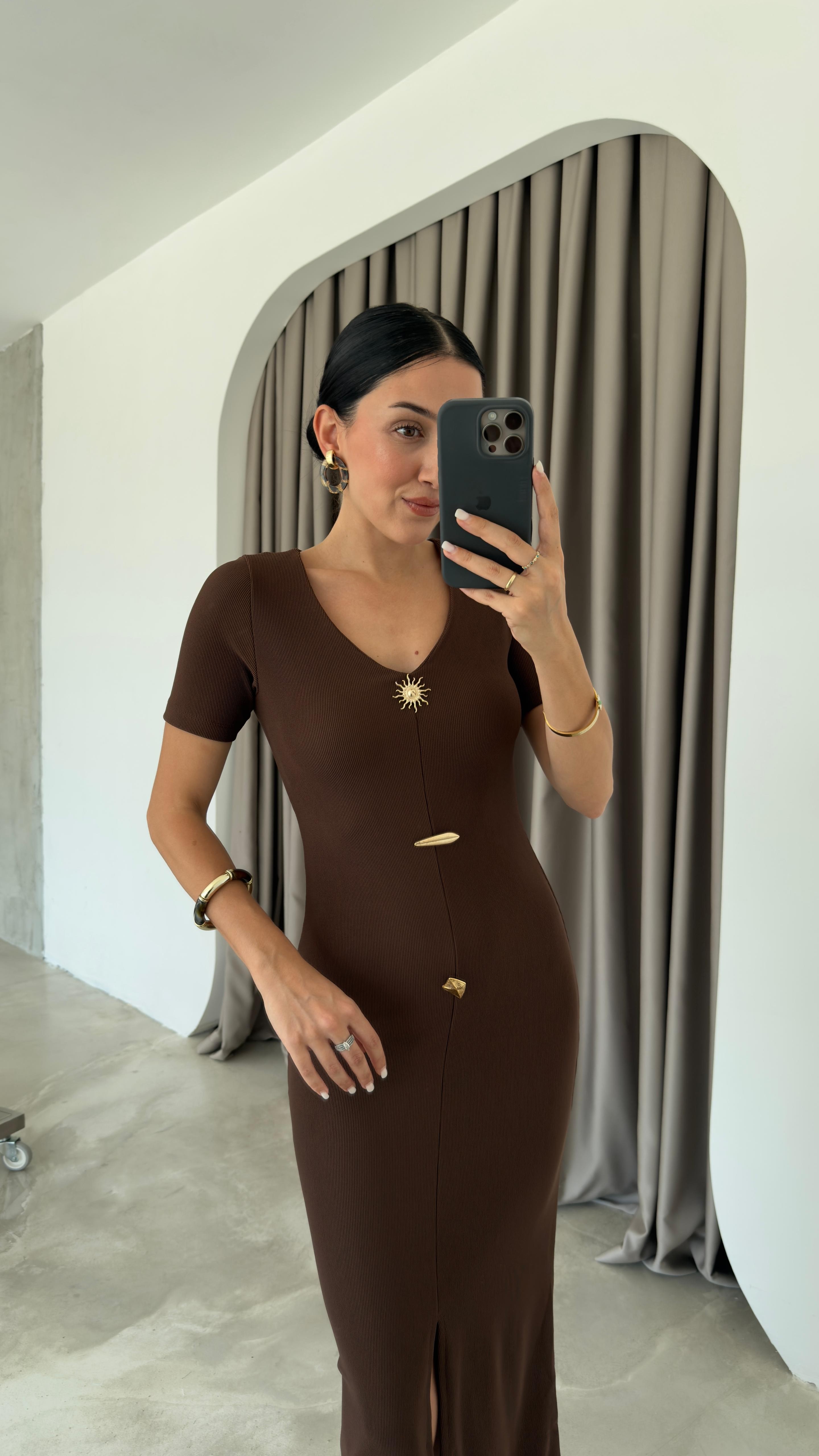 Ottoman Kumaş Gold Düğmeli Ön Yırtmaç Detaylı Elbise