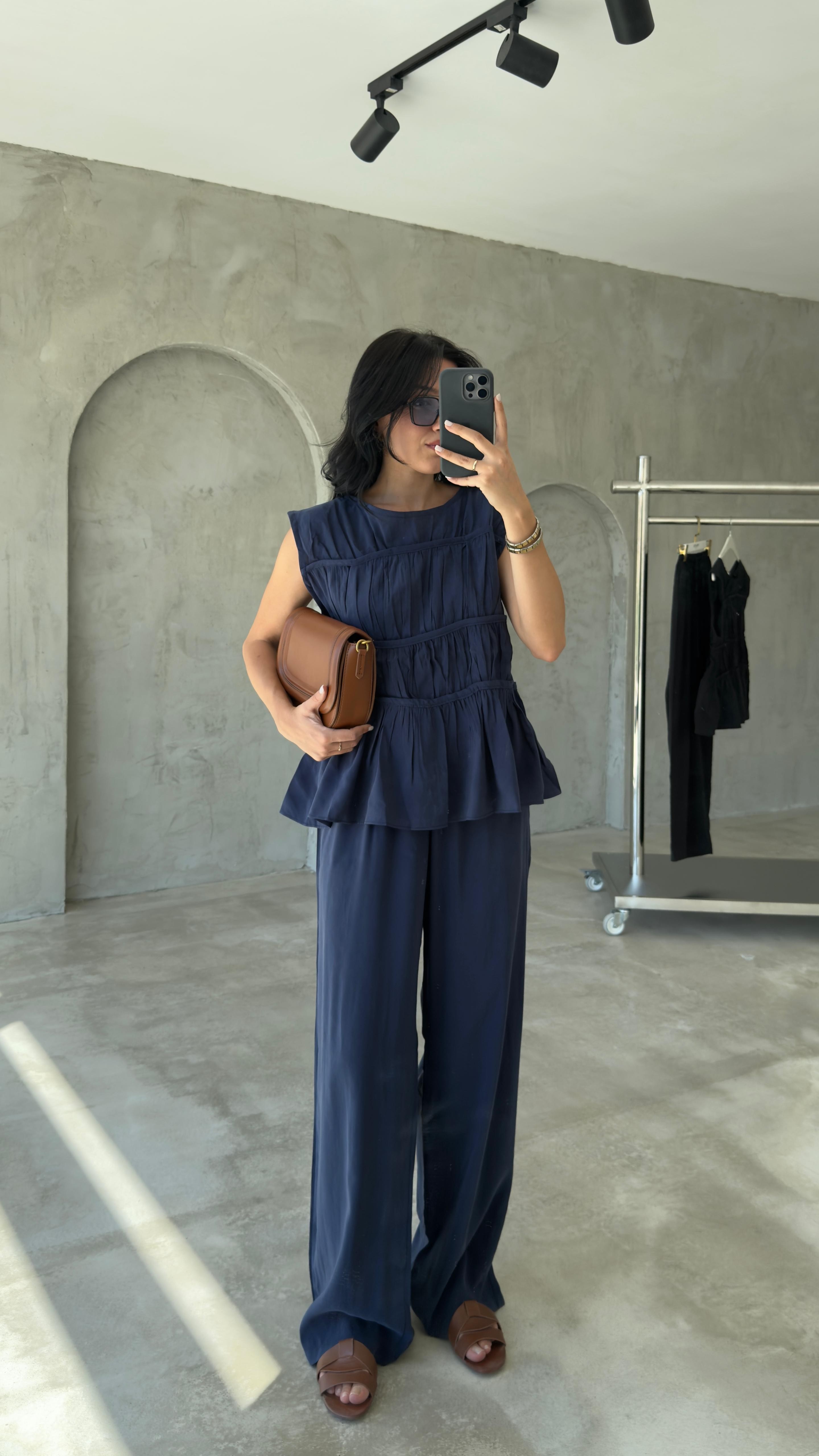 Tensel Nervürlü Bluz Pantolon Takım