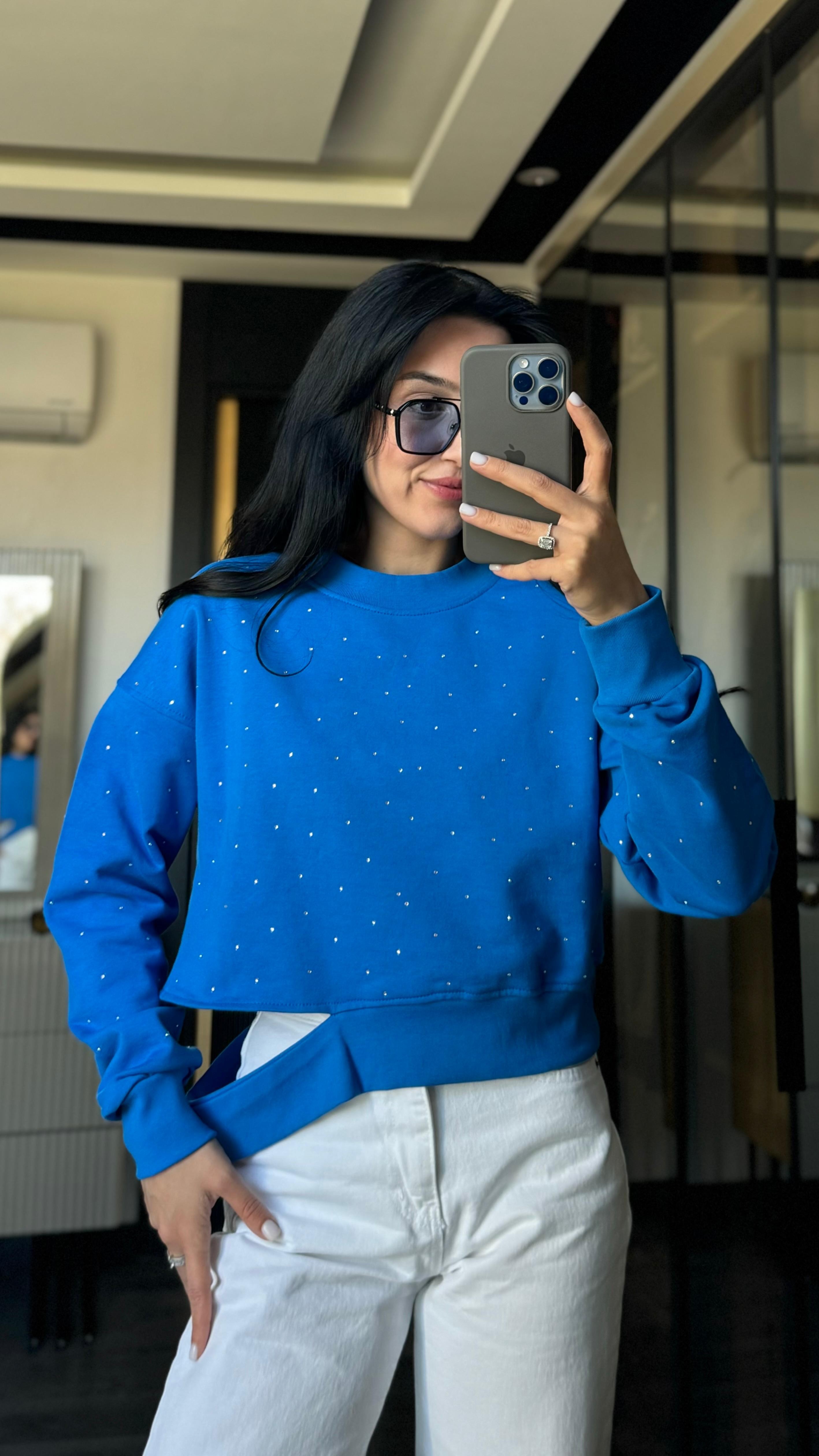Taşlı Lacivert Sweatshırt 