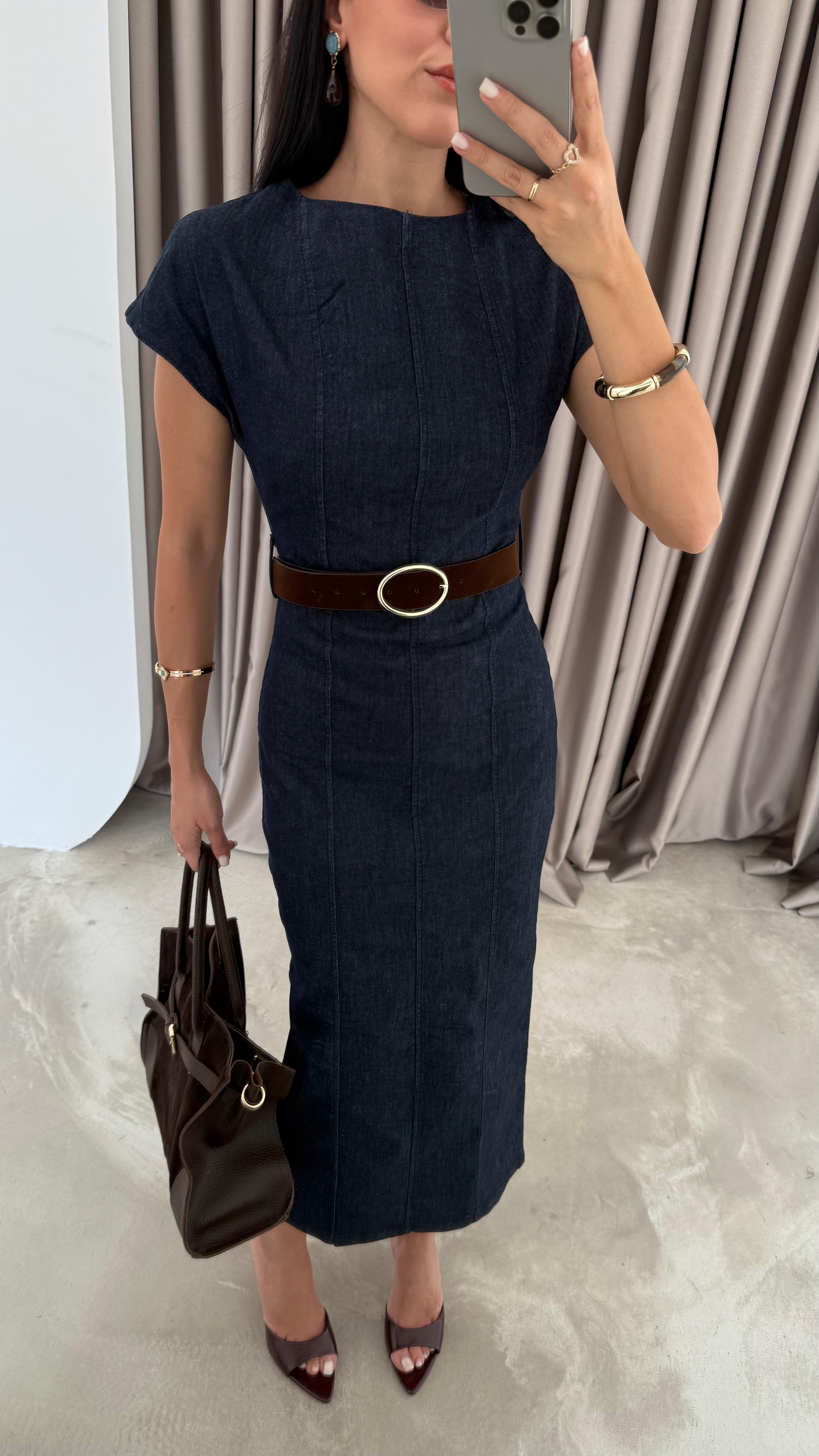 Beli Kemerli Denim Elbise (VNT8239)