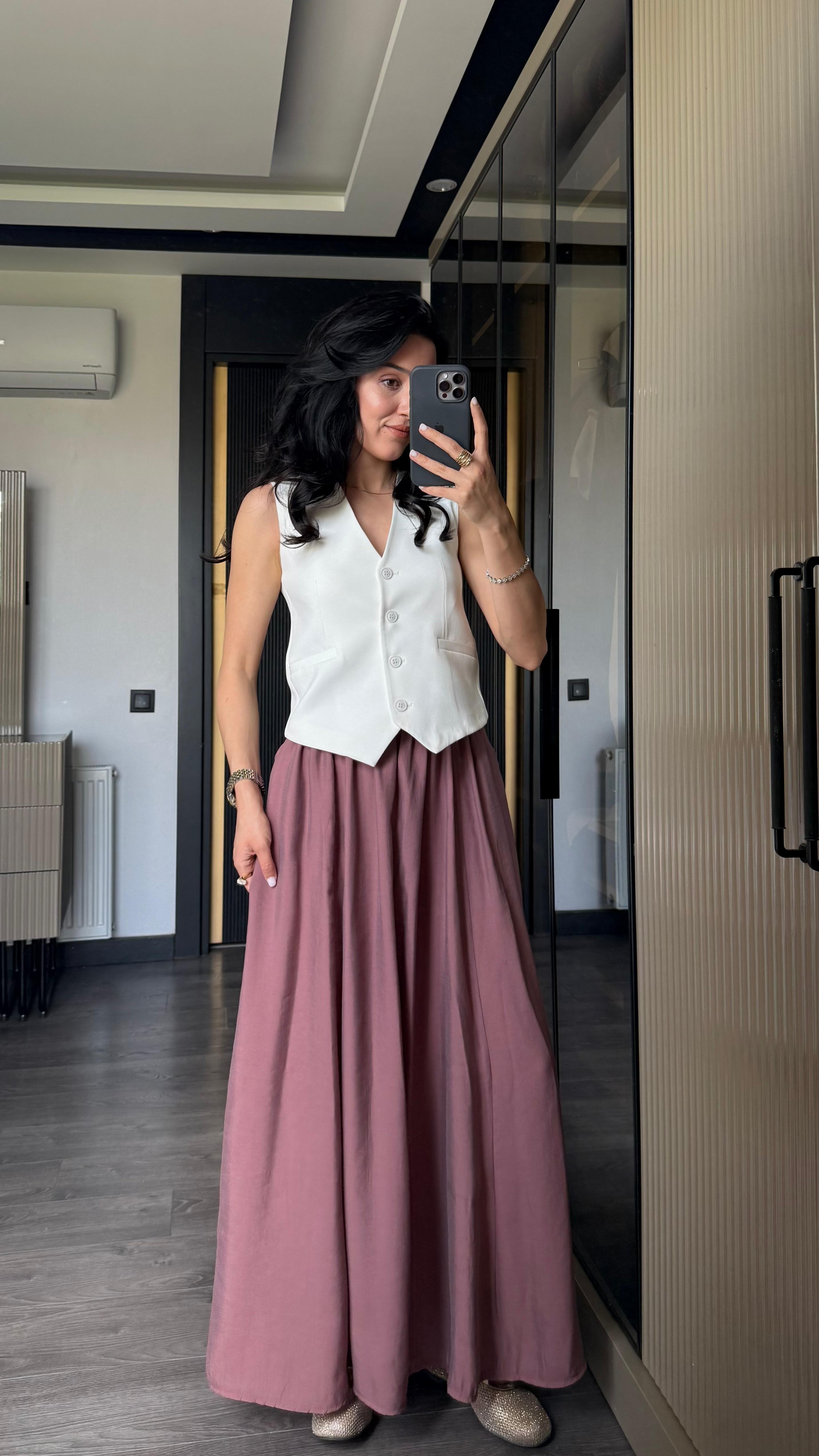 Bel Lastikli Modal Etek - Gül