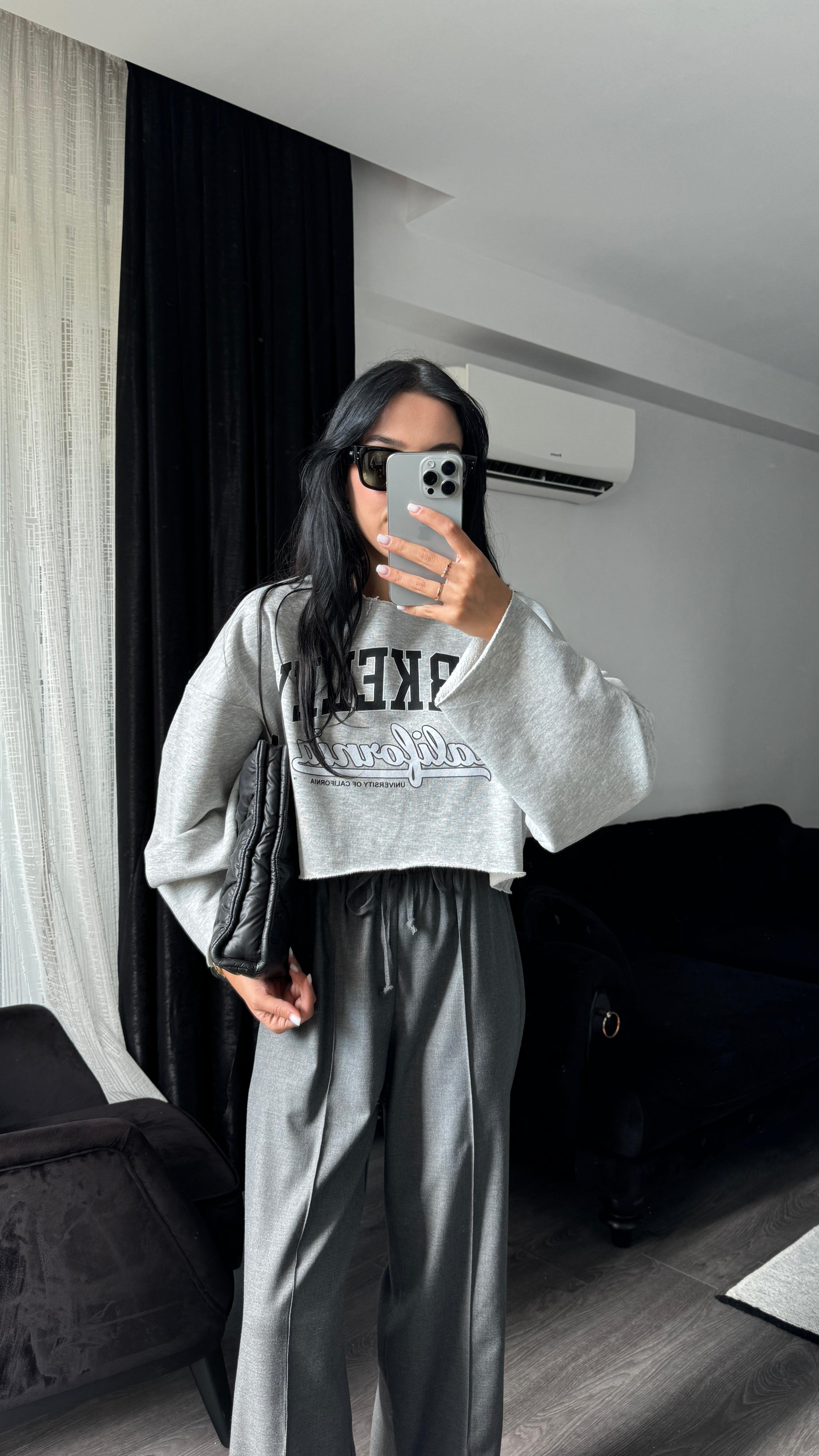 Gri Baskılı Kısa Sweat