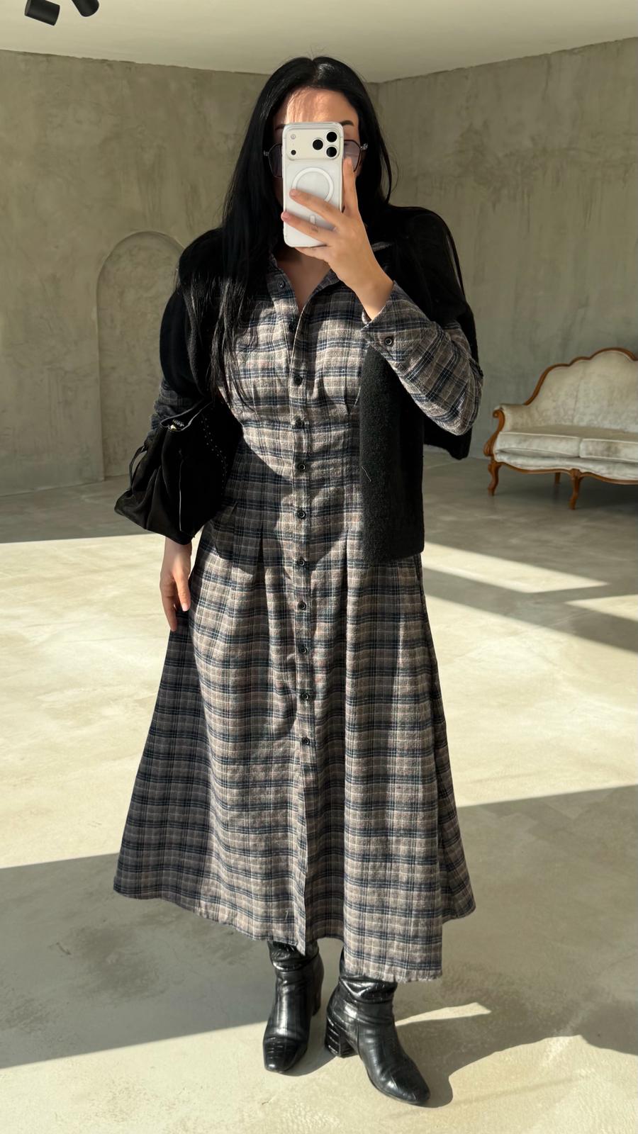 Ekose Desen Belden Pensli Elbise