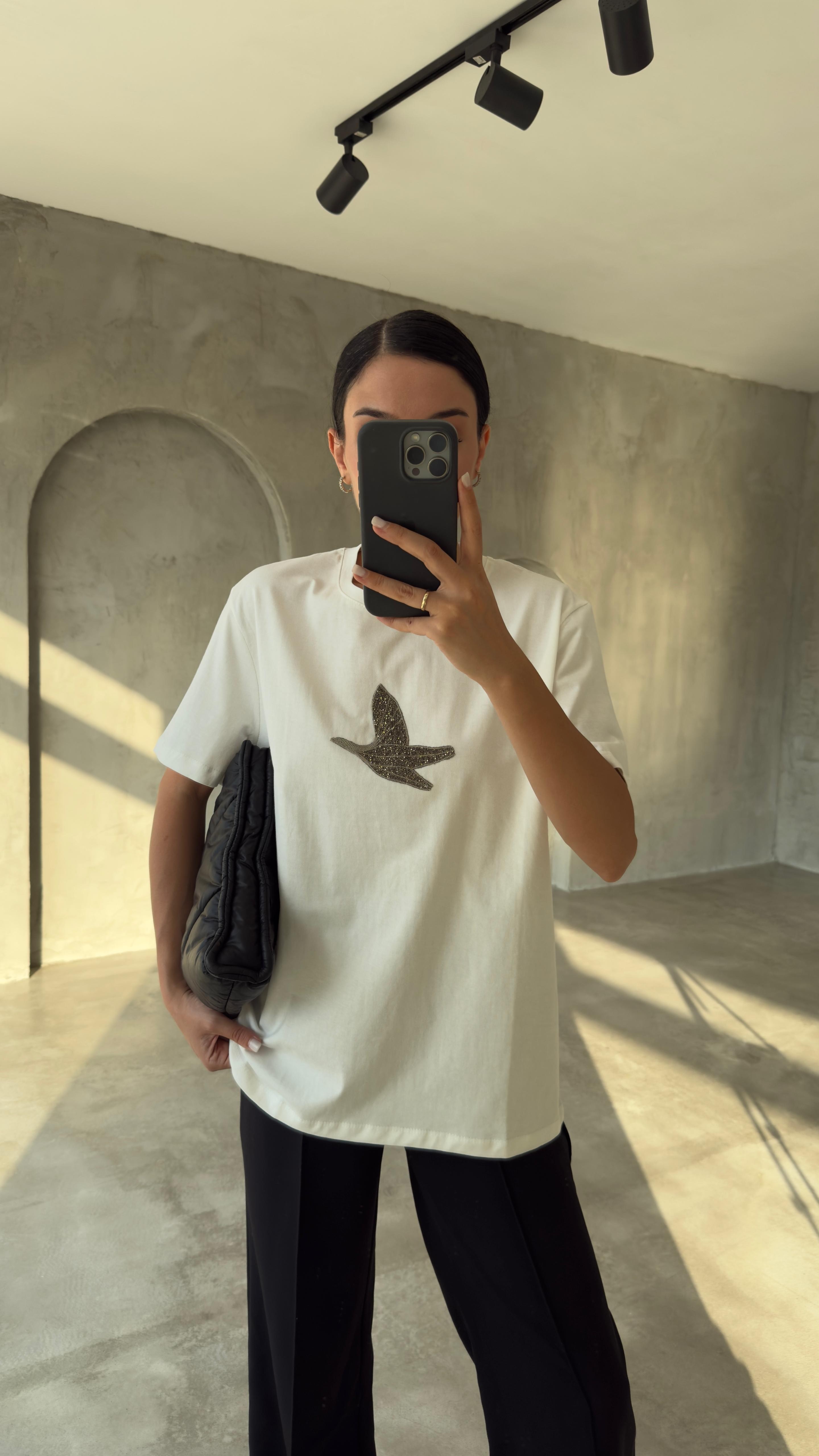 Orijinal Marka Siyah Taş İşlemeli Tshirt