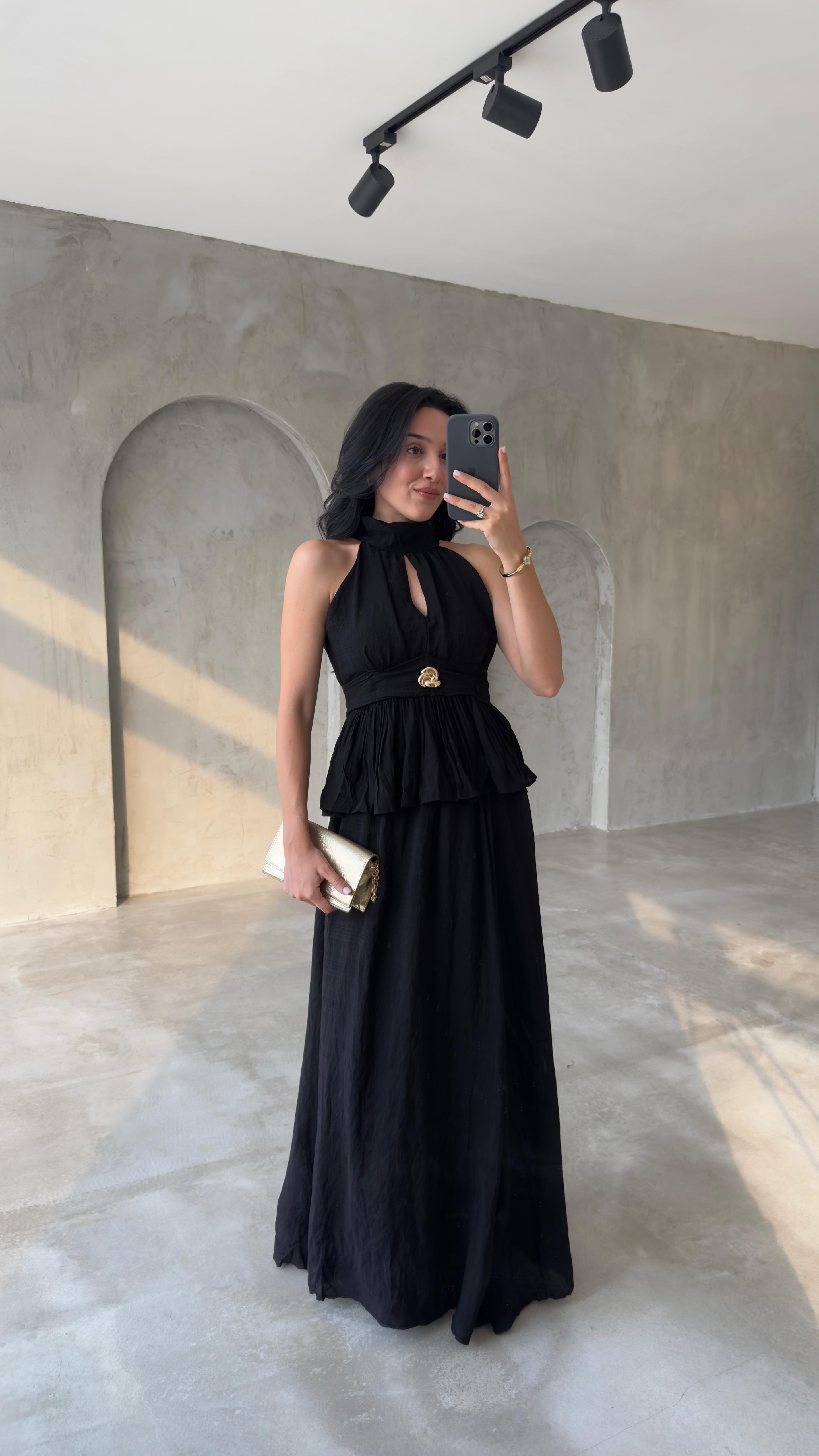 Piliseli Halter Yaka Bluz Etek Takım