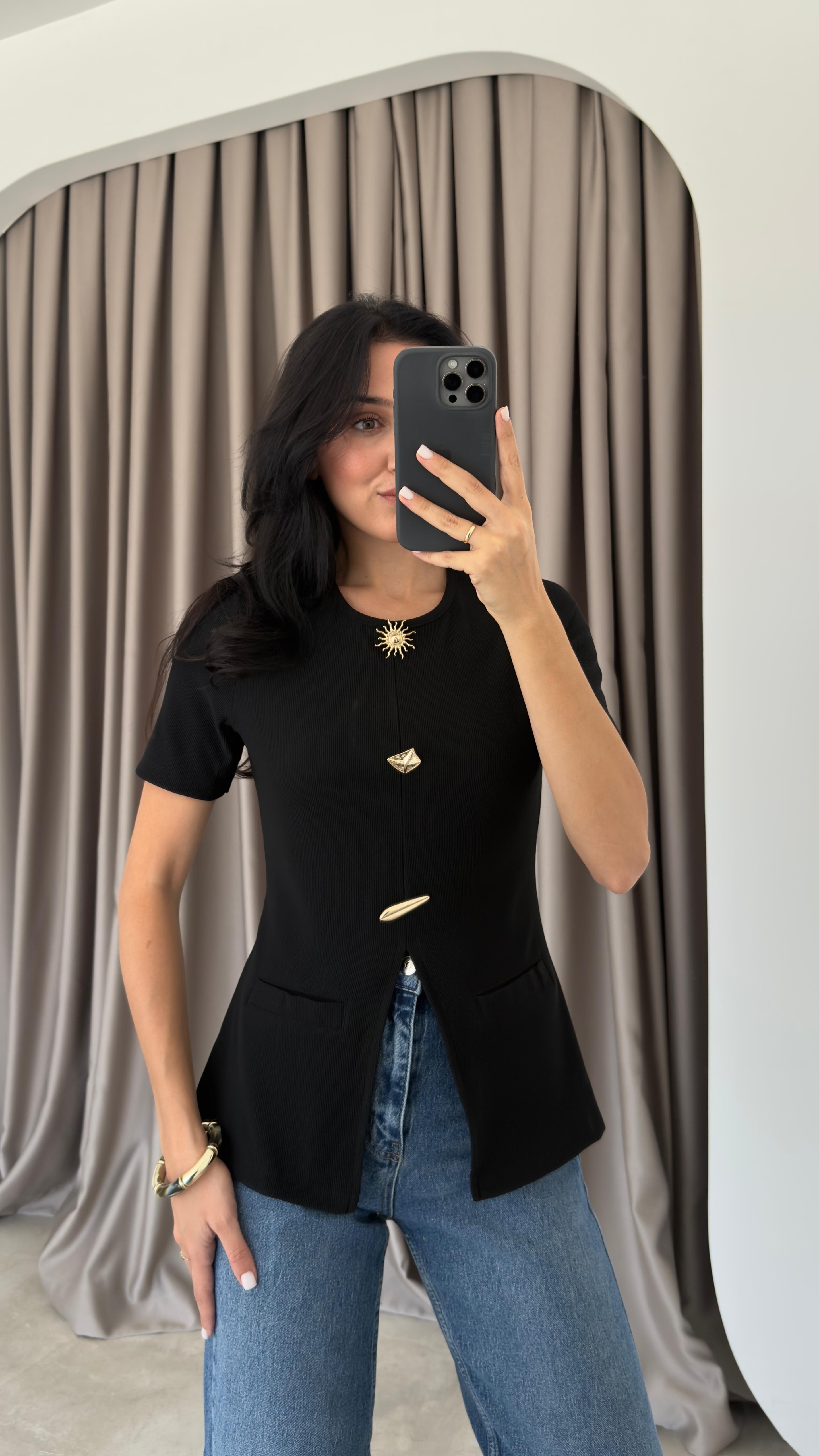 Ottoman Kumaş Gold Düğme Detaylı Bluz
