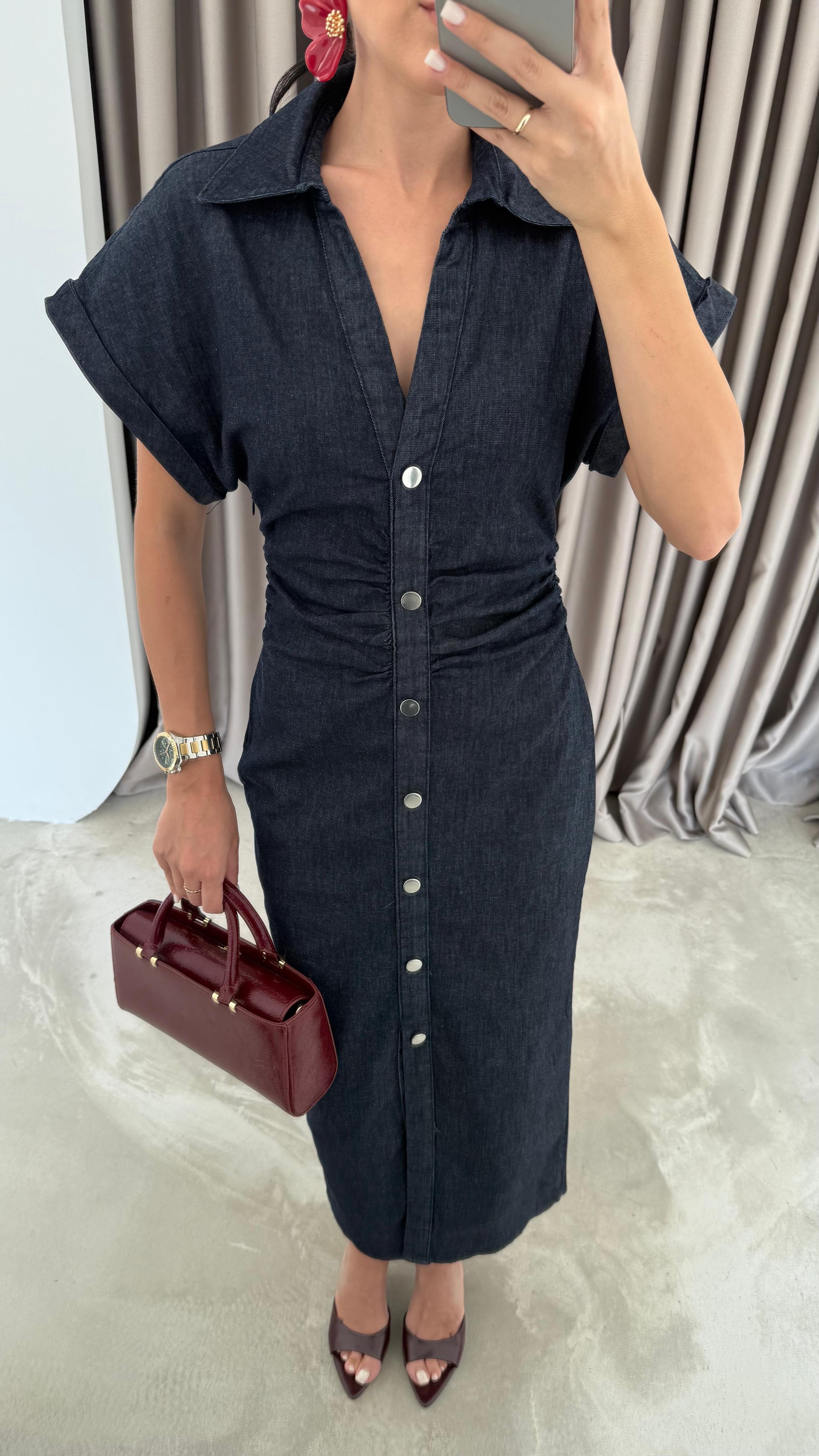 Denim Düşük Kol Drapeli Elbise (VNT8198)