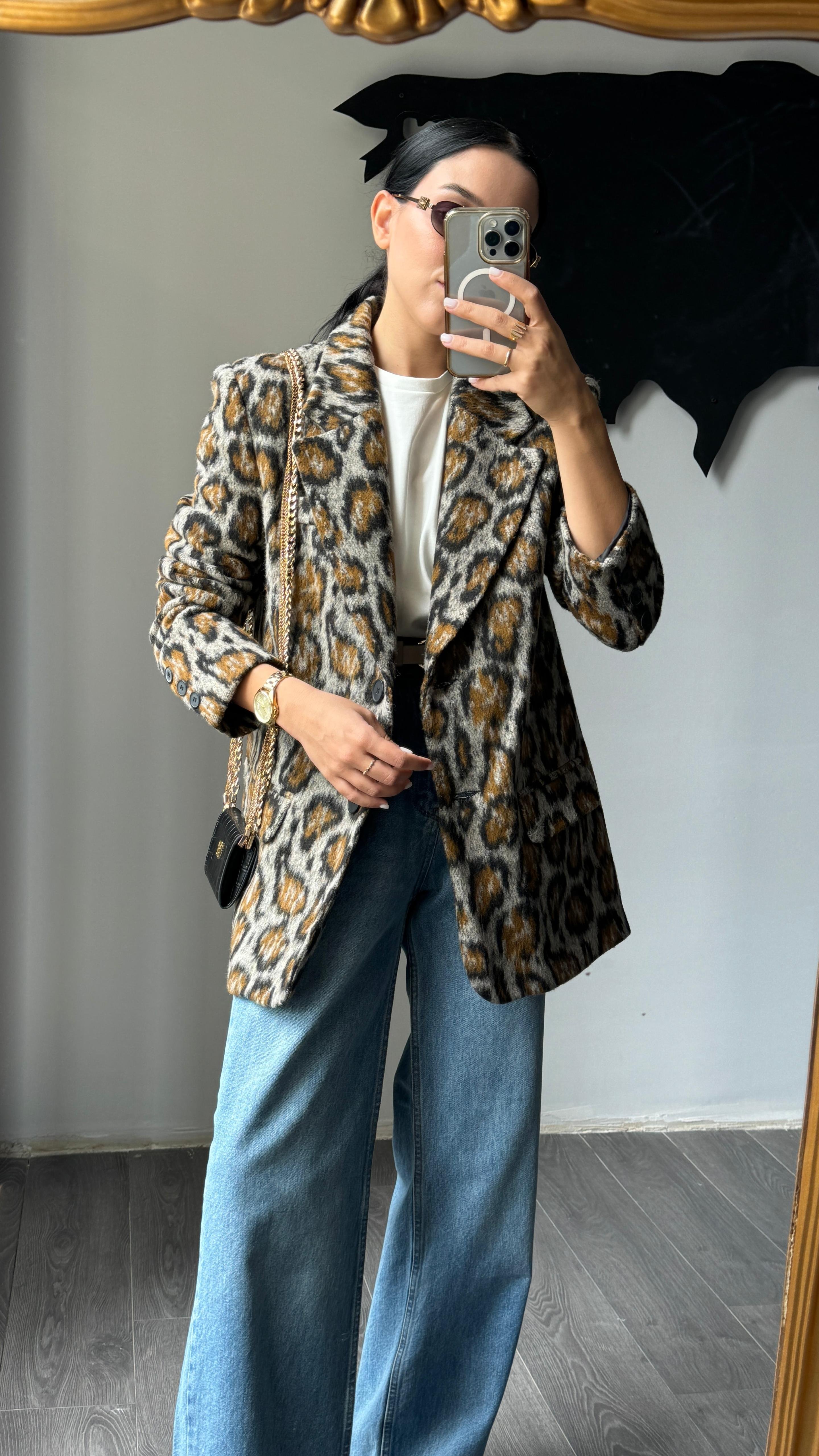 Leopar Desenli Vatkalı Kaşe Blazer Ceket 