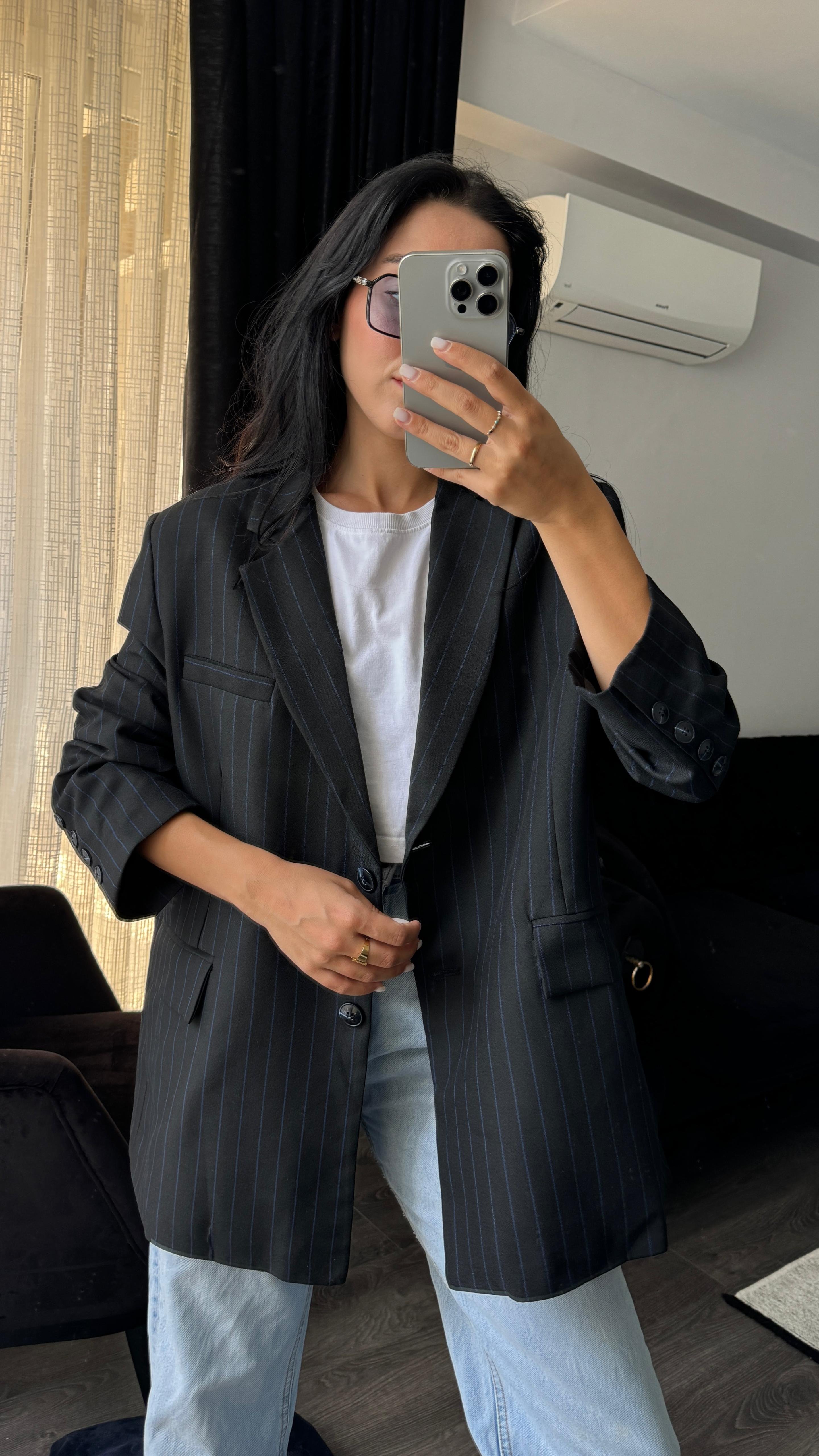 Siyah Çizgili Oversize Blazer 