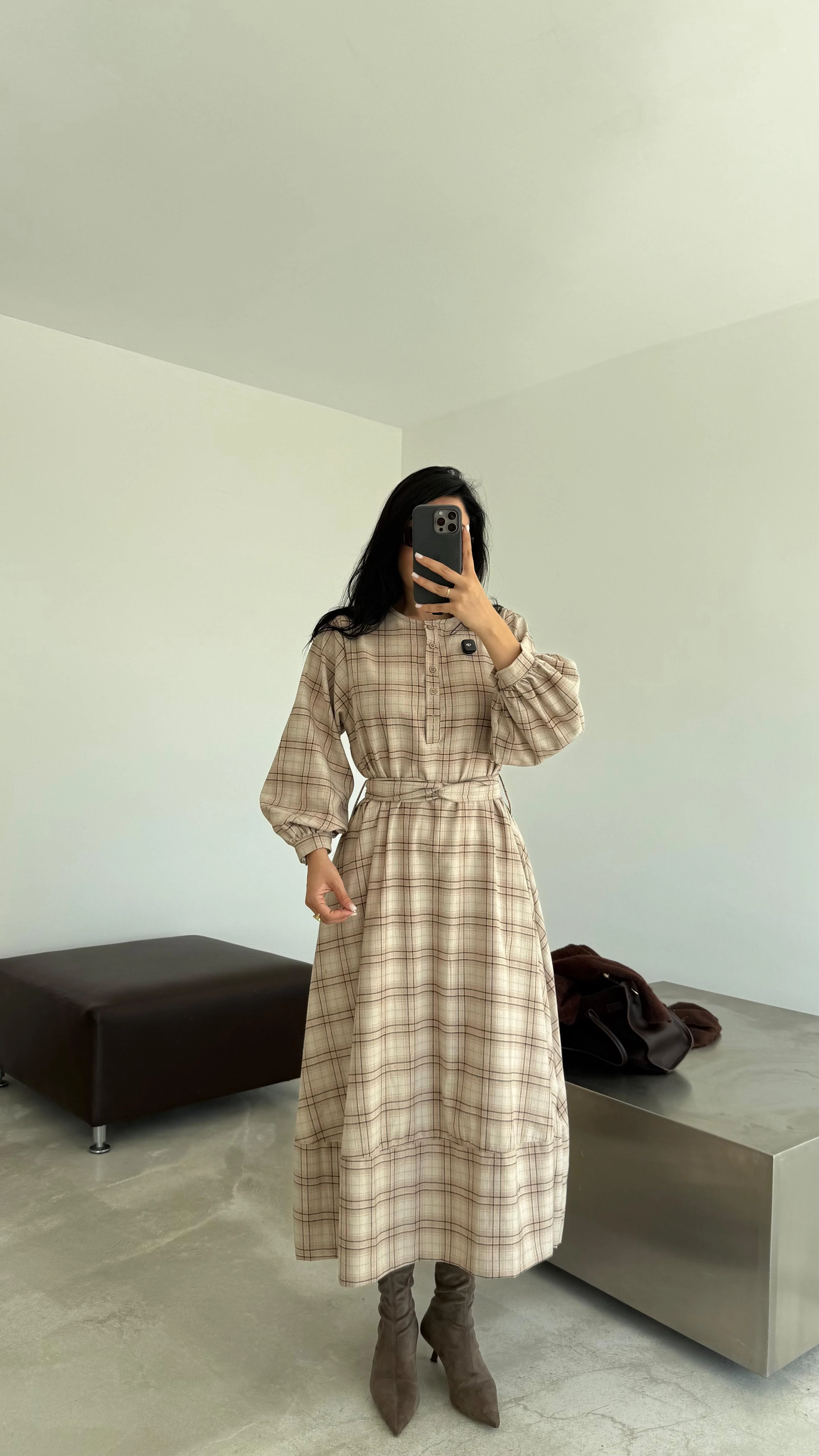 Ekose Desenli Kuşaklı Midi Elbise