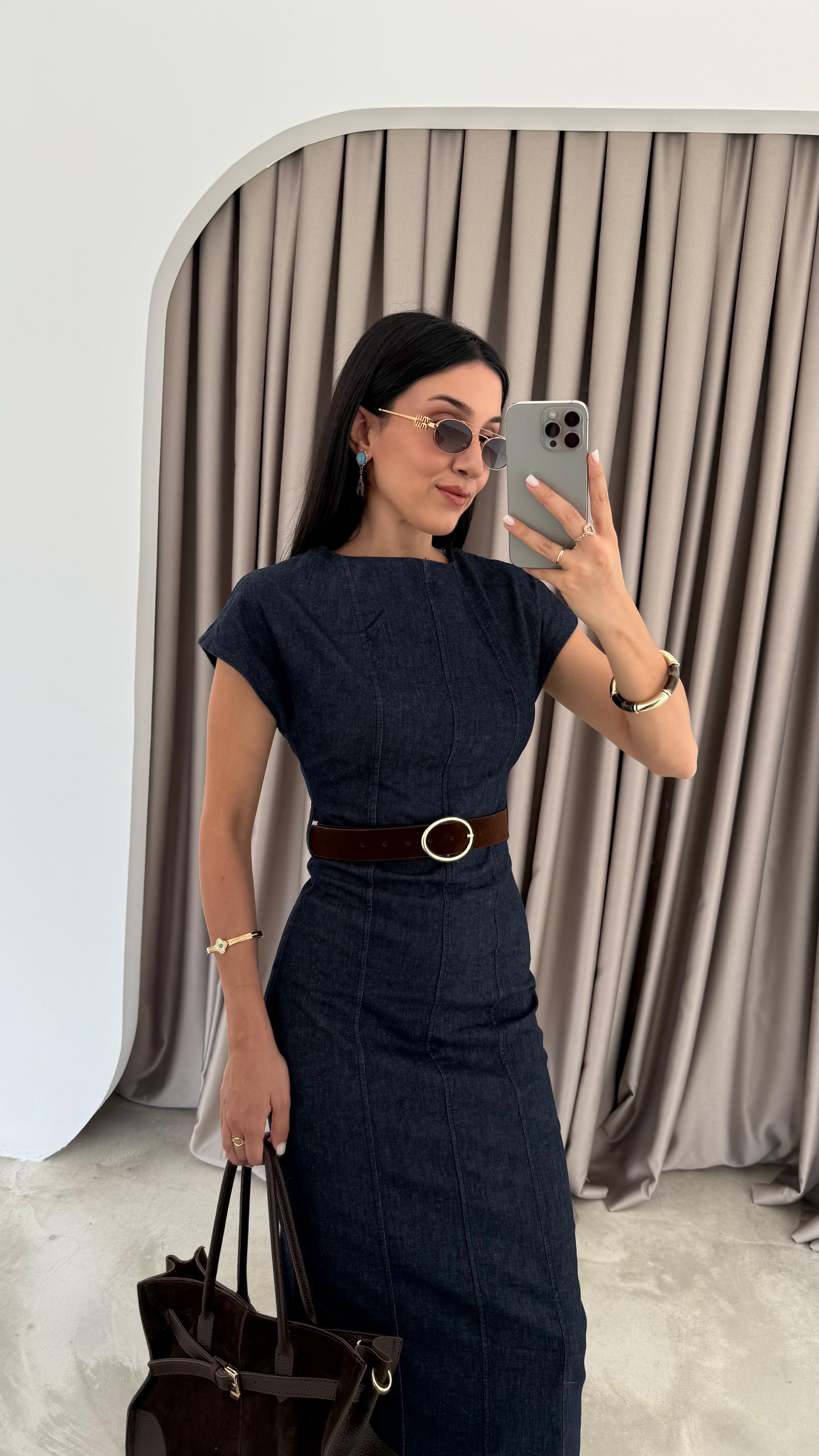 Beli Kemerli Denim Elbise (VNT8239)