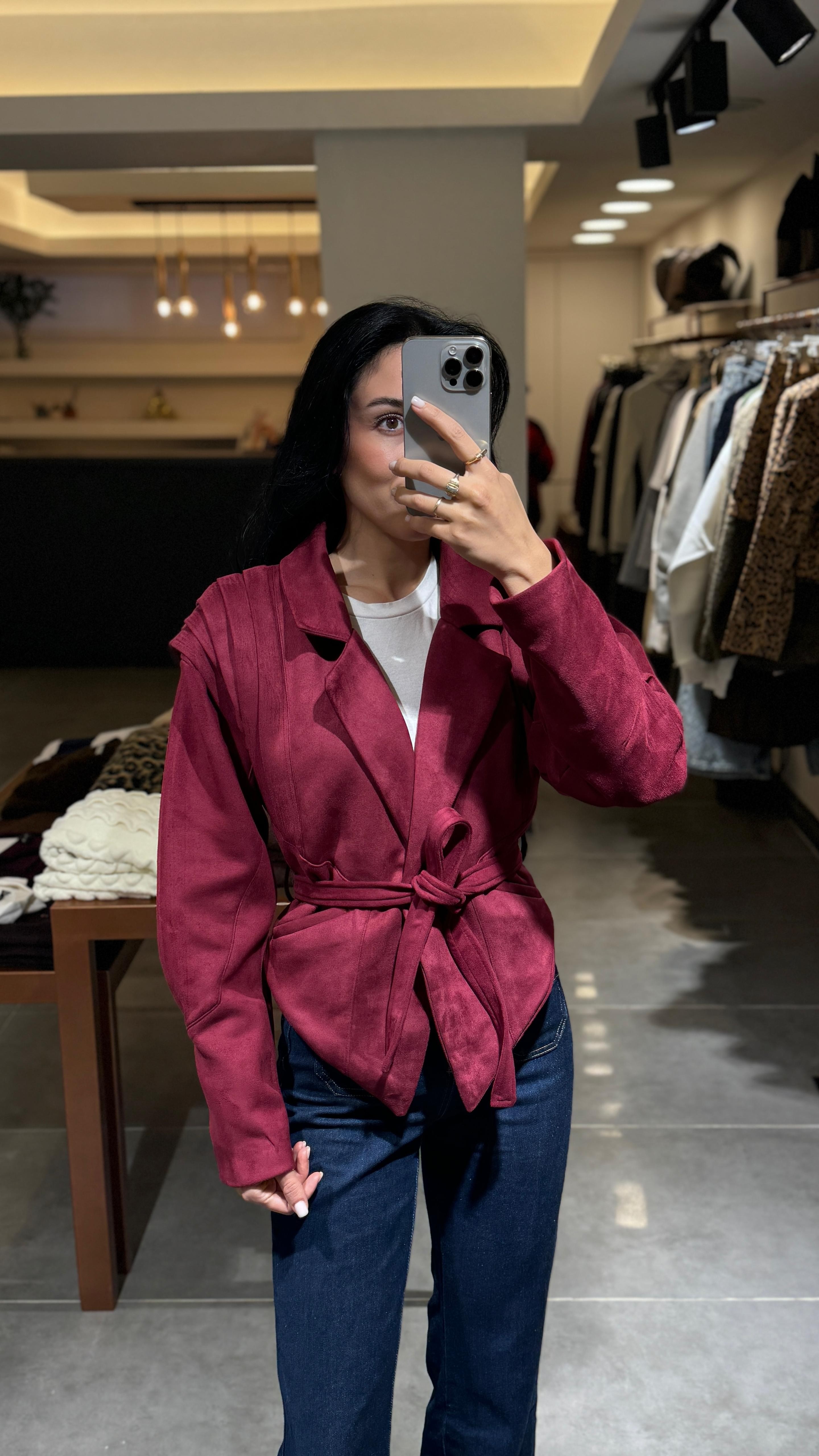 Kemerli Bordo Nubuk Ceket