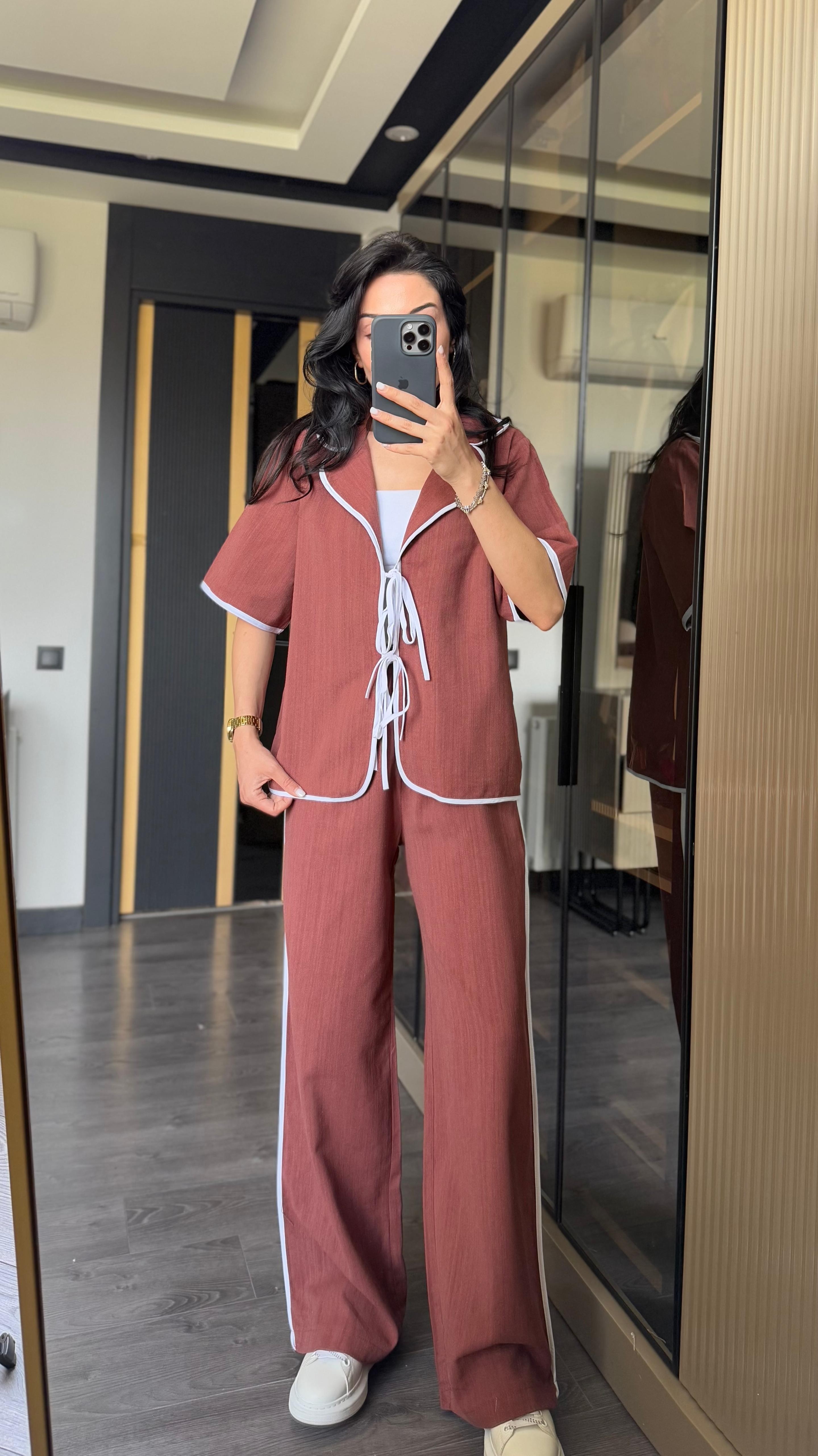 İnce Biyeli Keten Takım - Bordo
