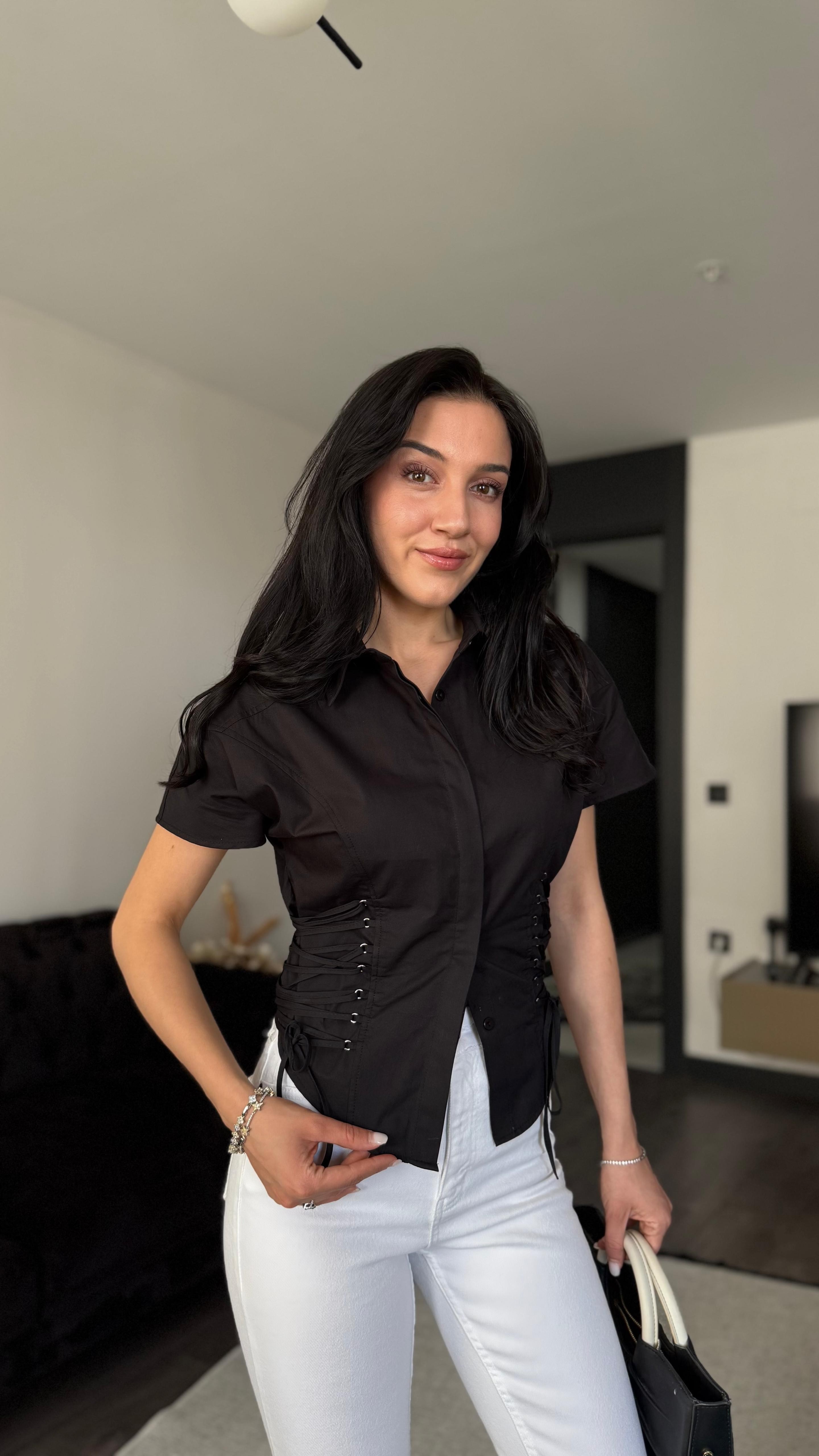 Yandan İp Detaylı Gömlek - Siyah