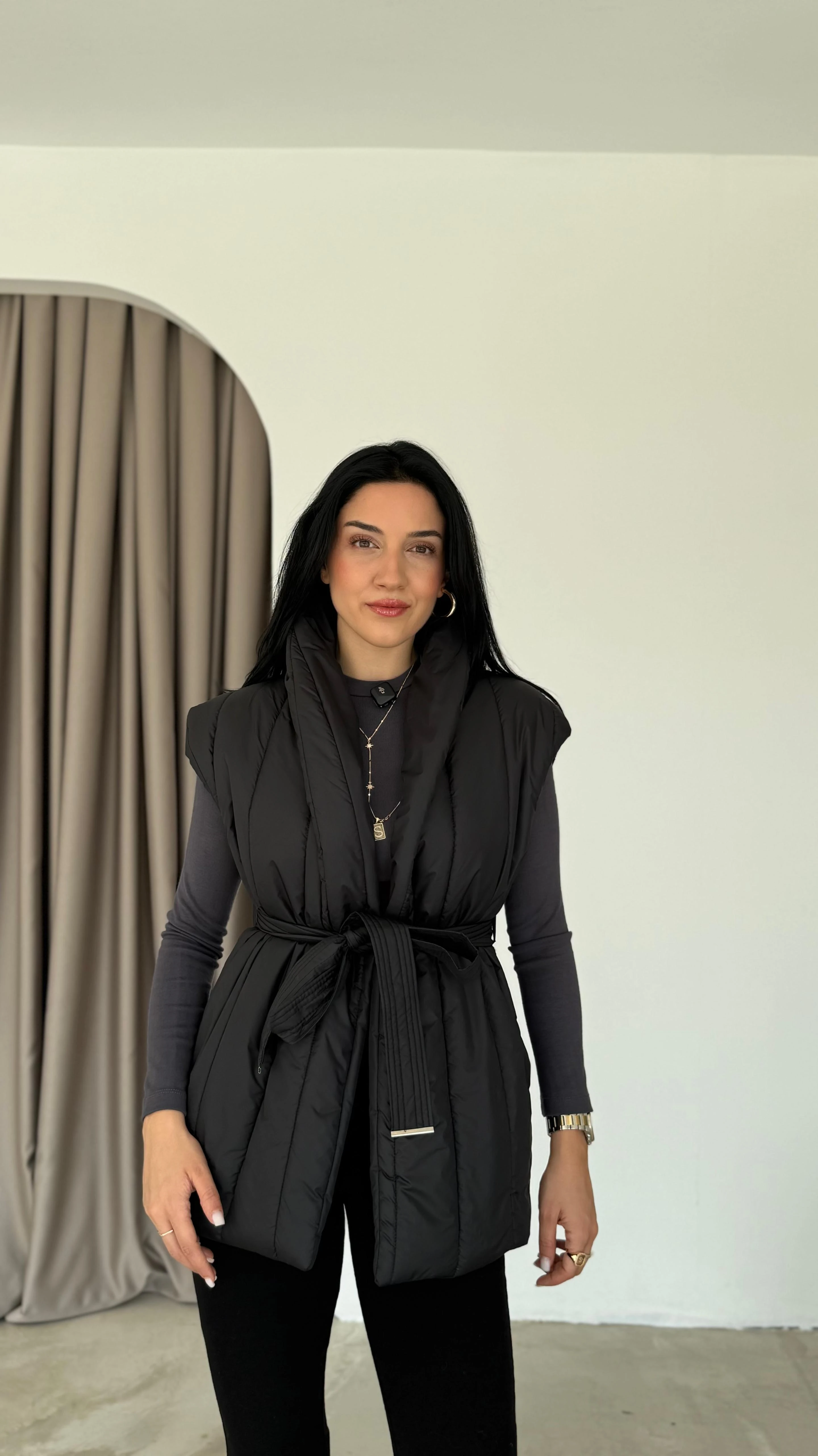 Arkası Triko Detaylı Kuşaklı Yelek (VNT42)