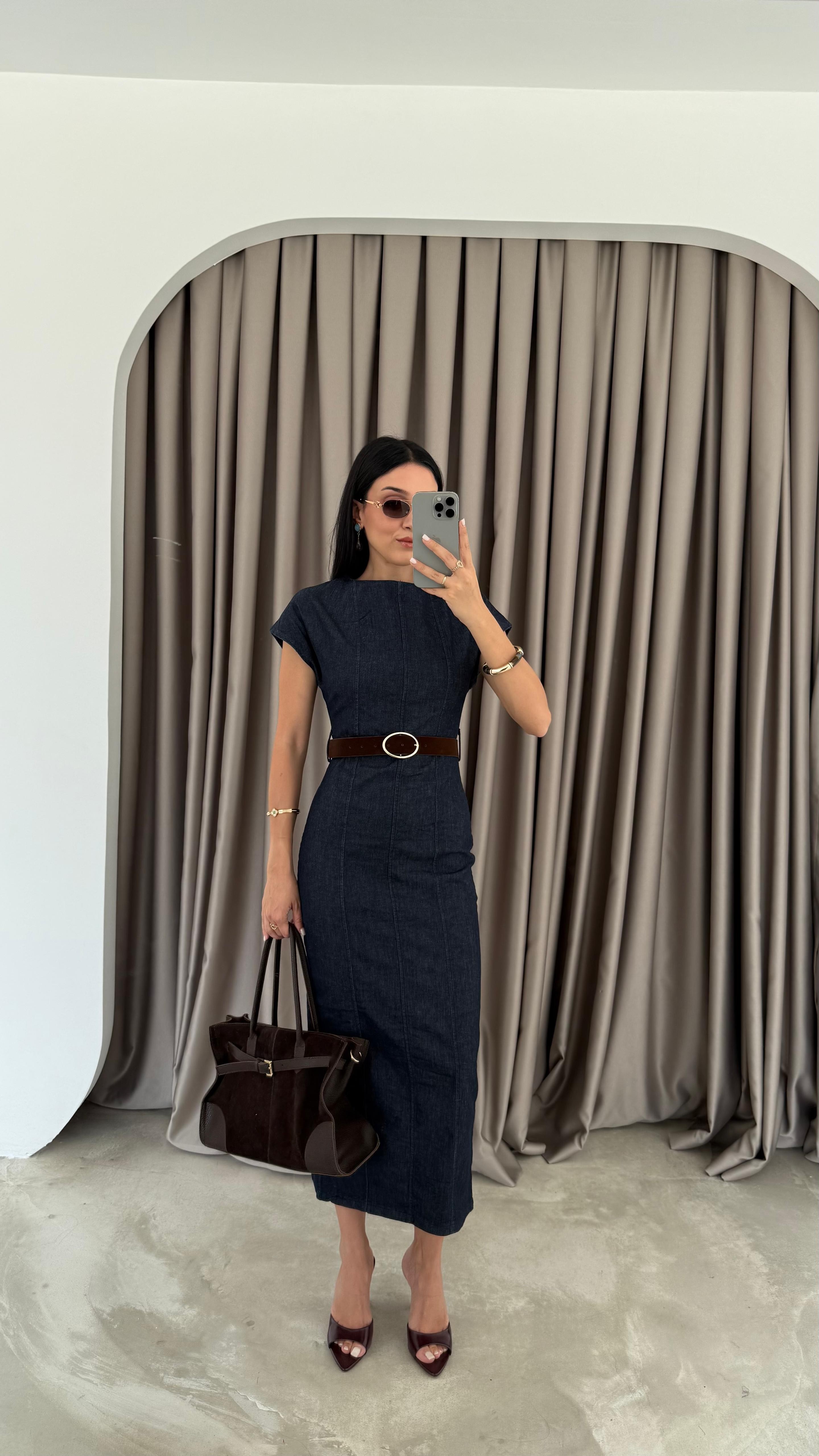 Beli Kemerli Denim Elbise (VNT8239)