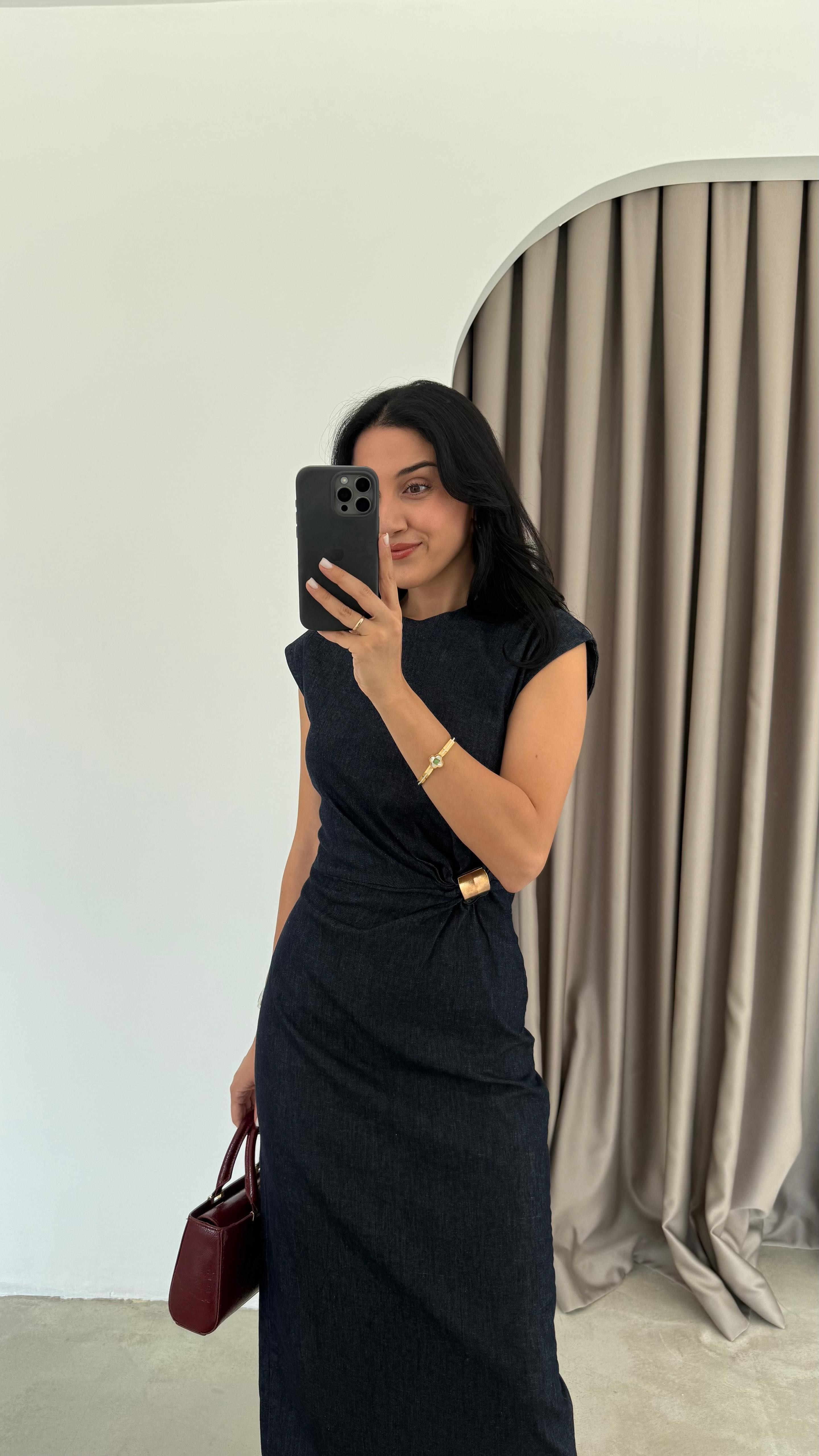 Metal Tokalı Denim Elbise (VNT8192)