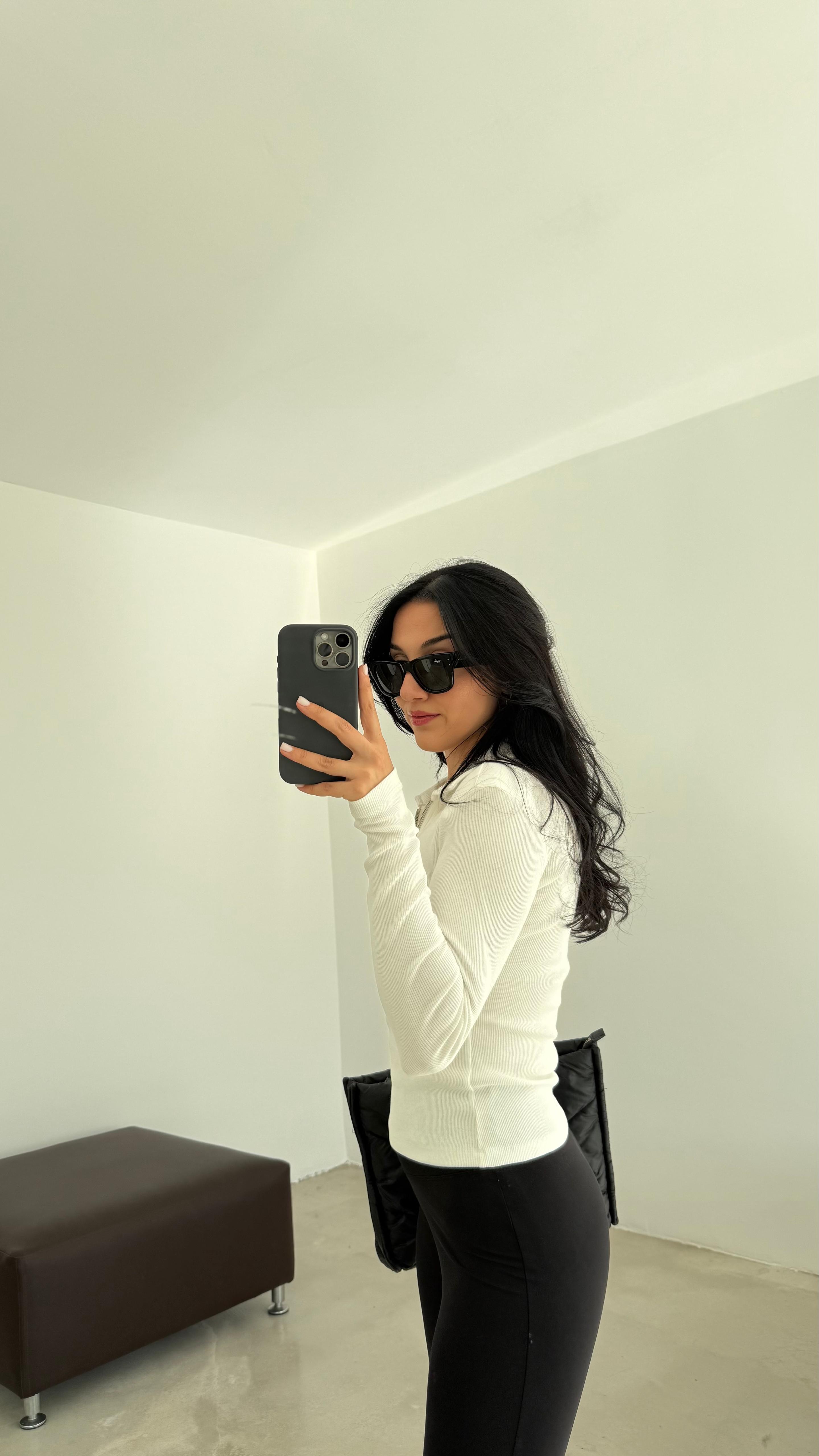 Yarım Fermuar Fitilli Bluz