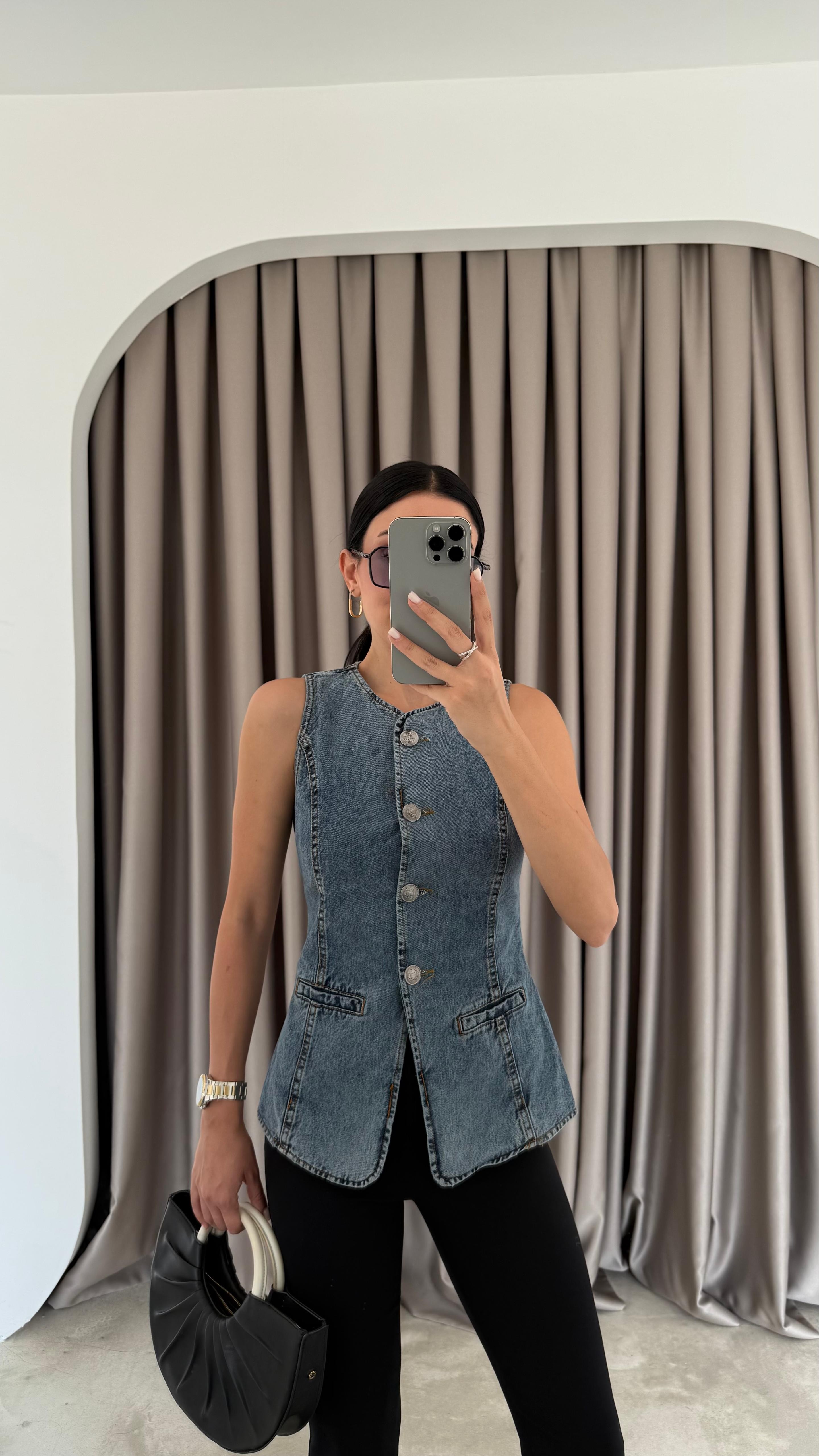Metal Düğmeli Denim Yelek (VNT0536)