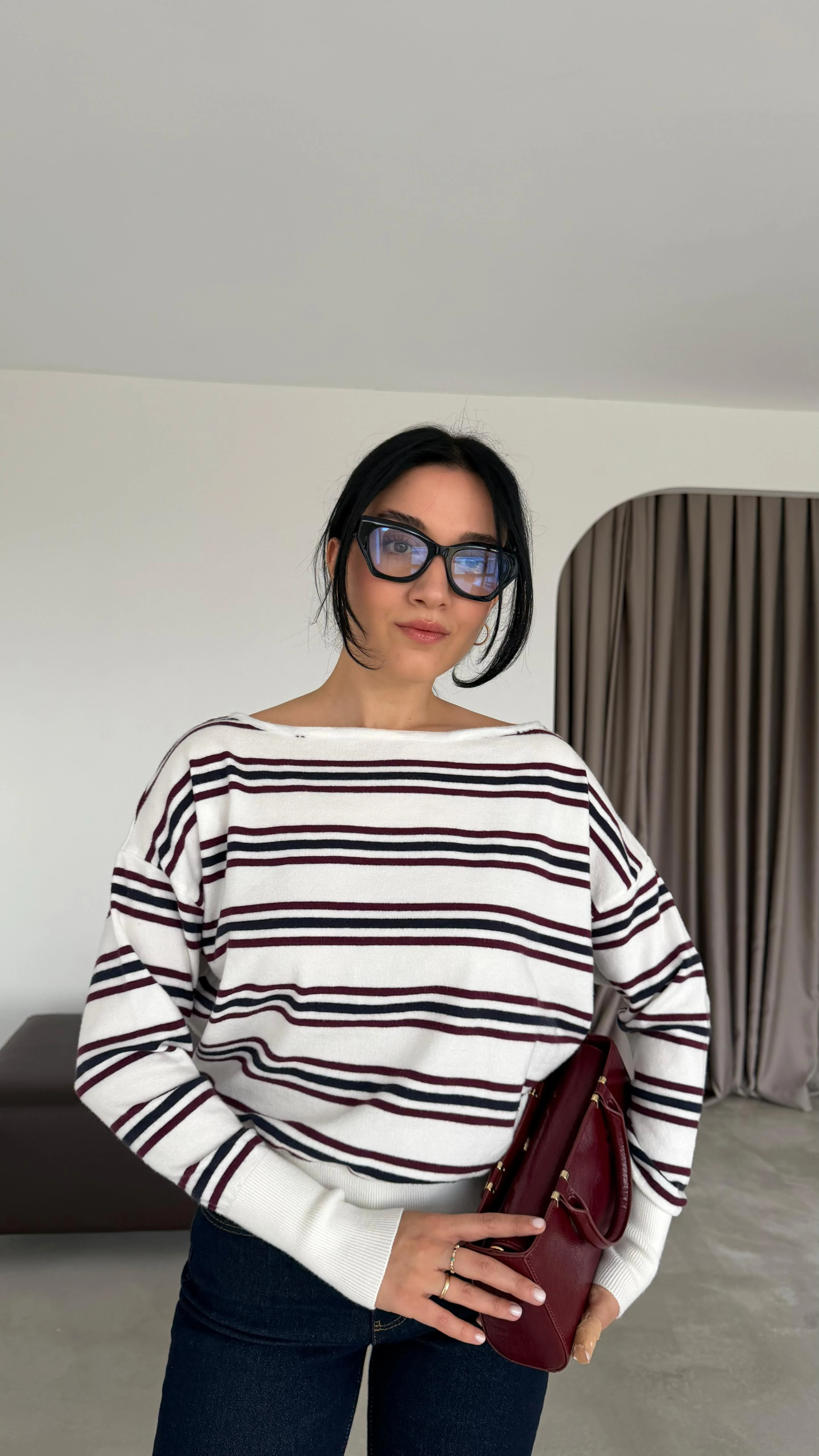 Tek Omzu Açık Çizgili Kazak(VNT251185) - Gri