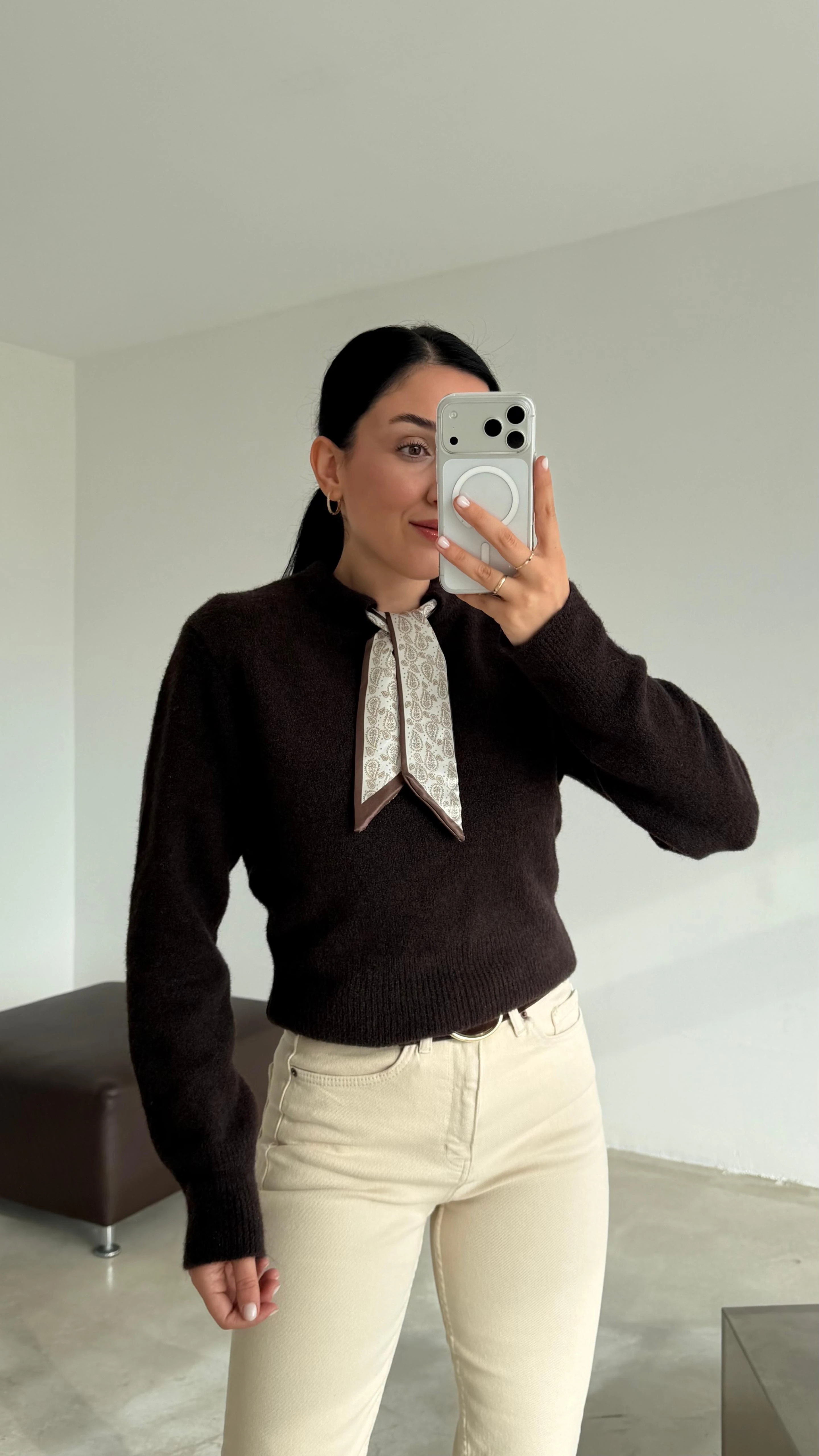 Şal Detaylı Triko - Acı Kahve