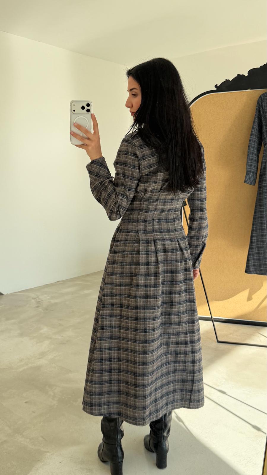 Ekose Desen Belden Pensli Elbise