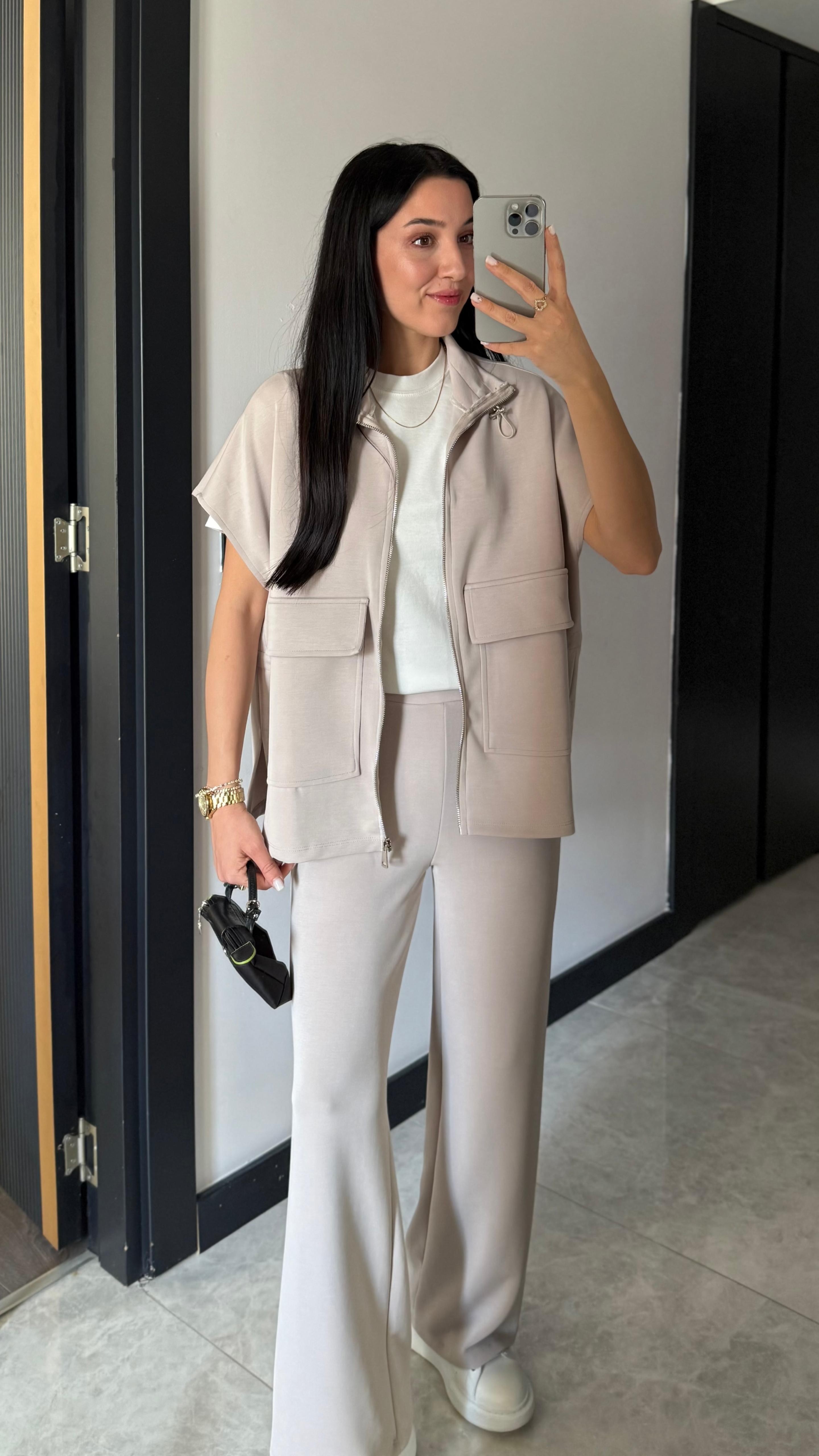 Bel Lastik Detaylı Yelekli Modal Takım