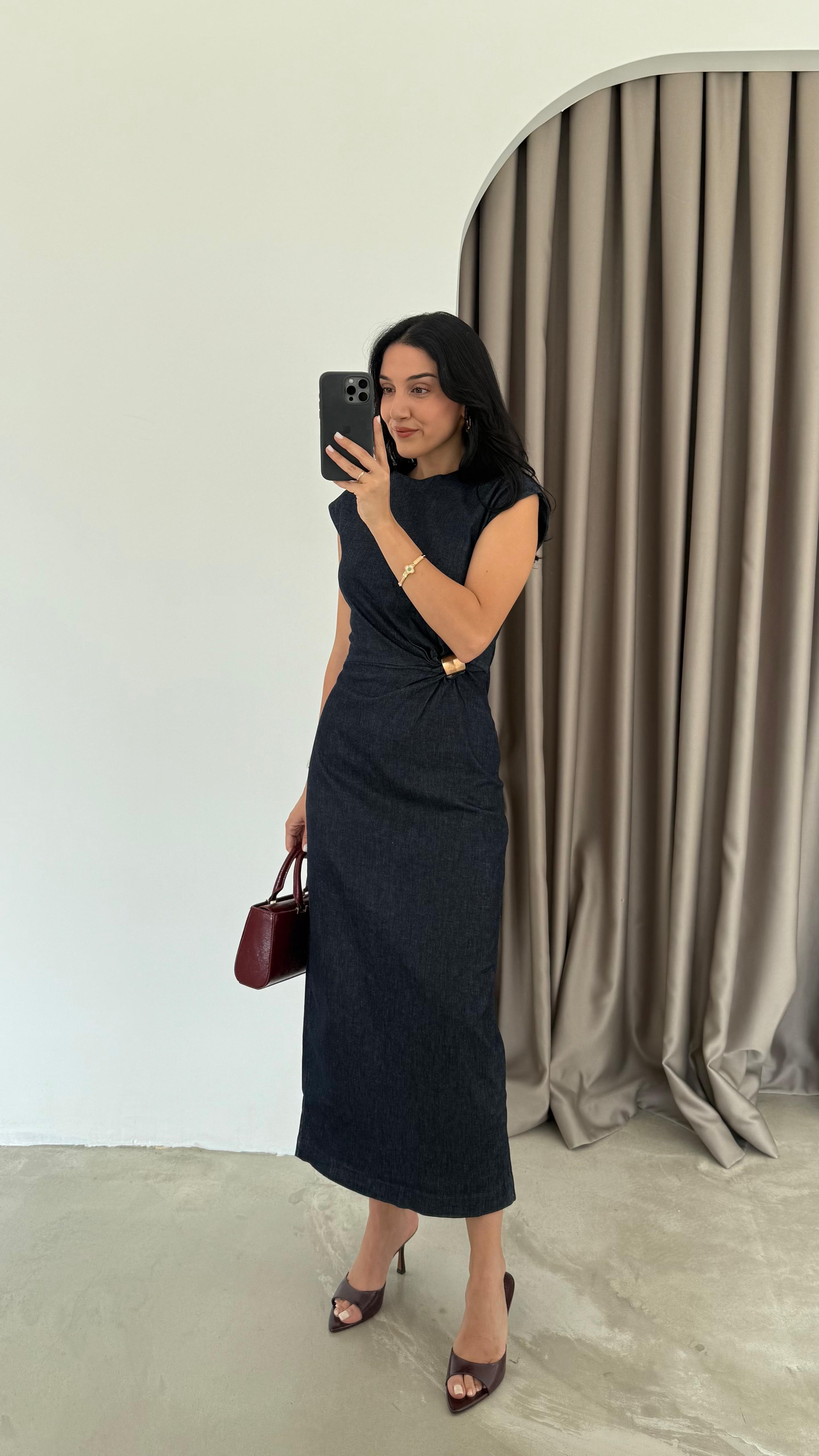 Metal Tokalı Denim Elbise (VNT8192)