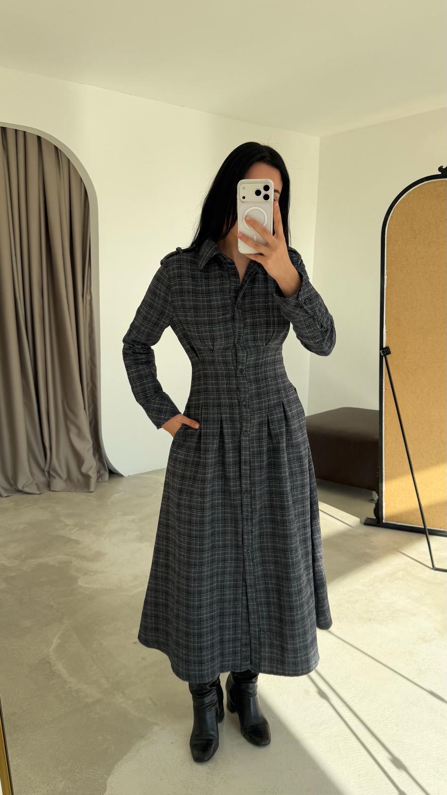 Ekose Desen Belden Pensli Elbise