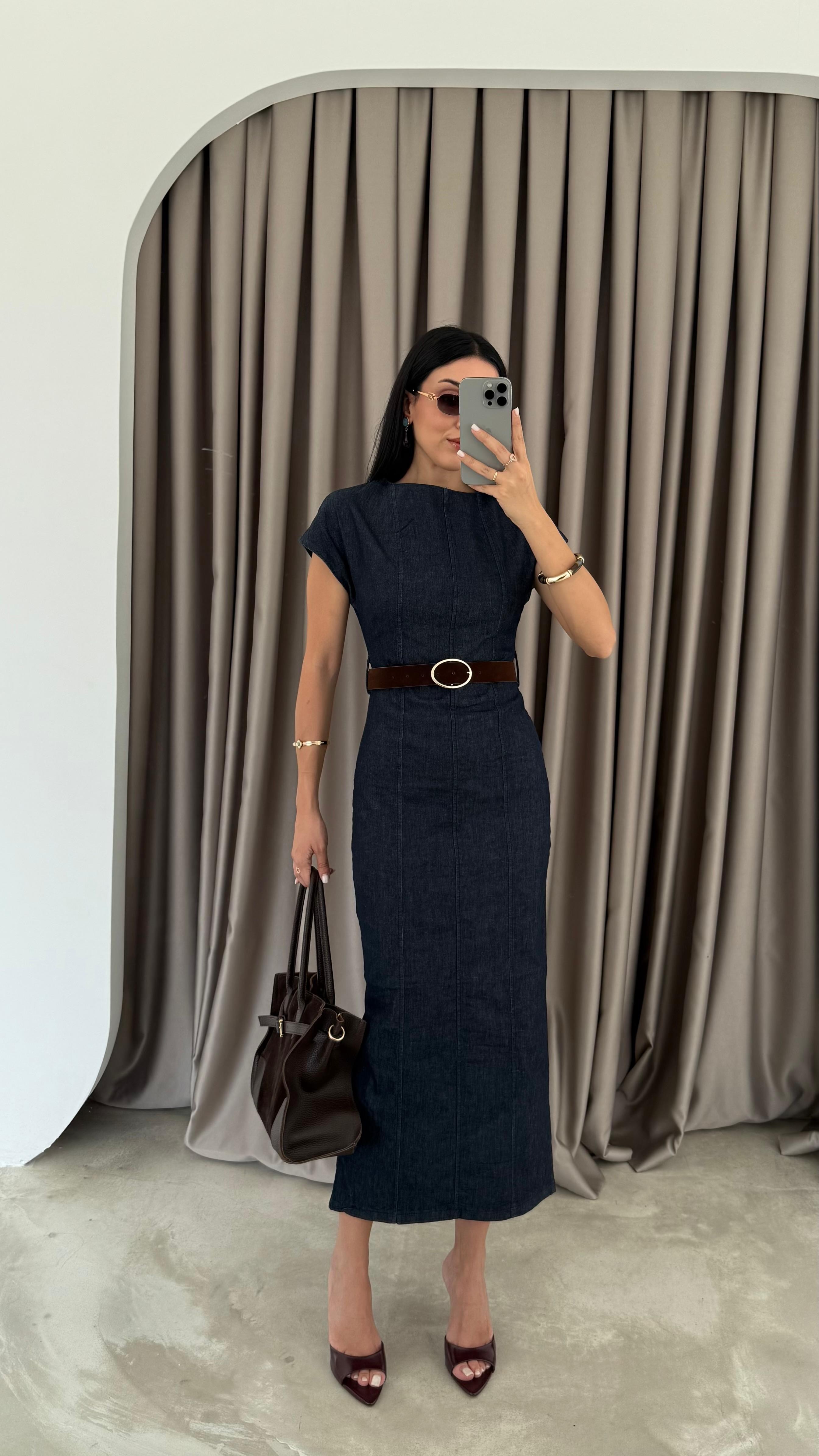 Beli Kemerli Denim Elbise (VNT8239)