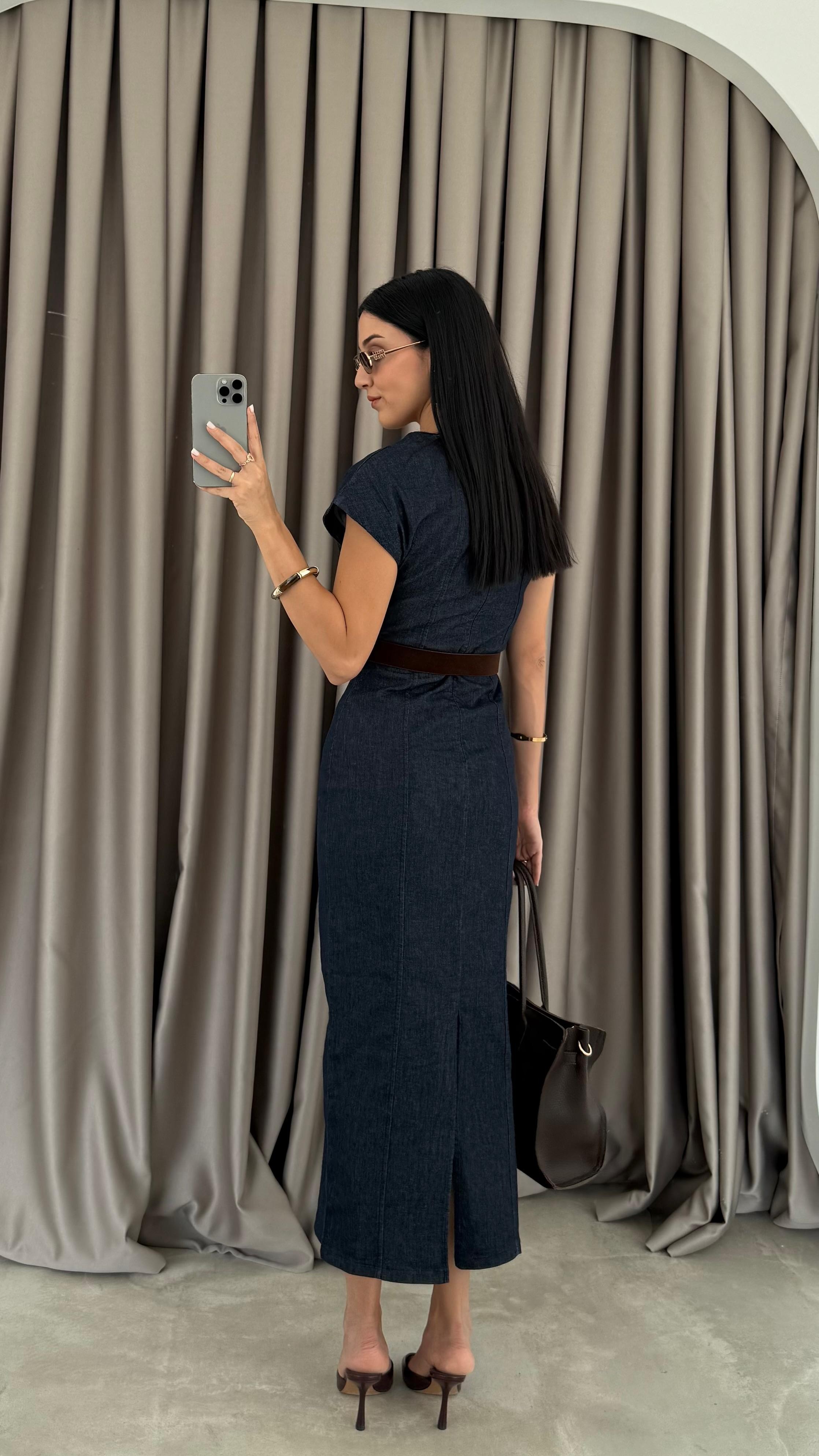 Beli Kemerli Denim Elbise (VNT8239)