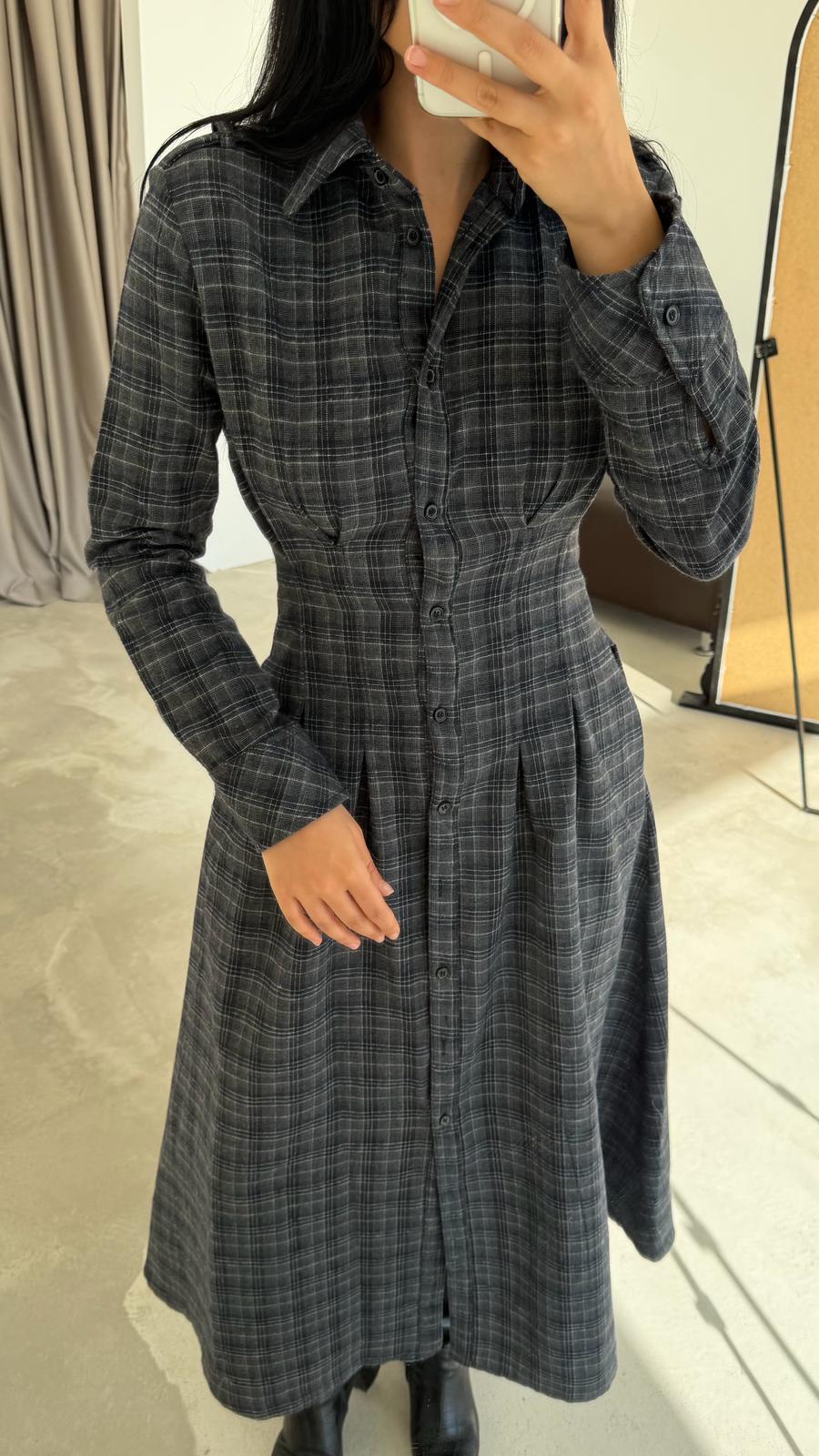 Ekose Desen Belden Pensli Elbise