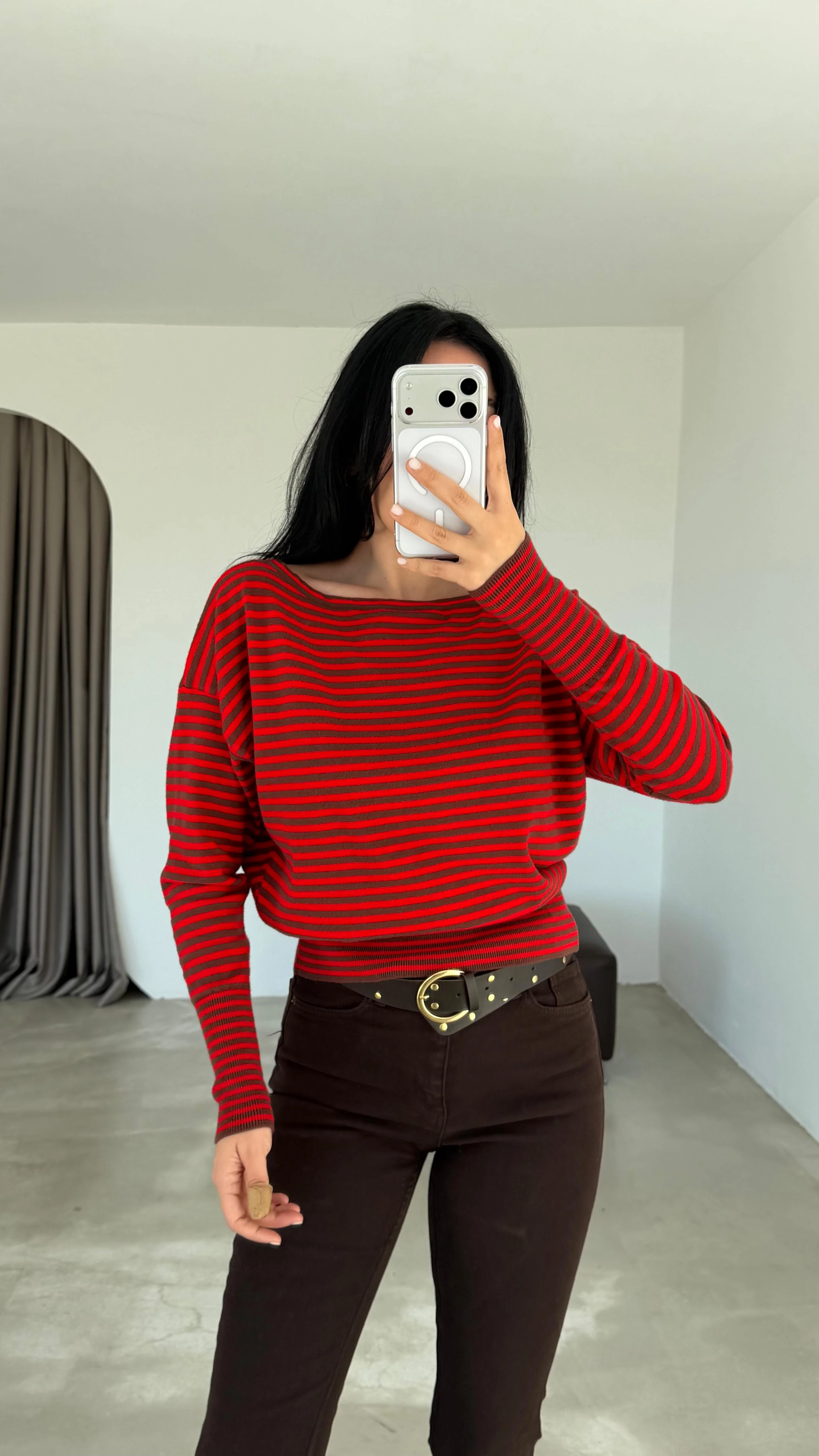 Tek Omzu Açık Çizgili Kazak - Kırmızı