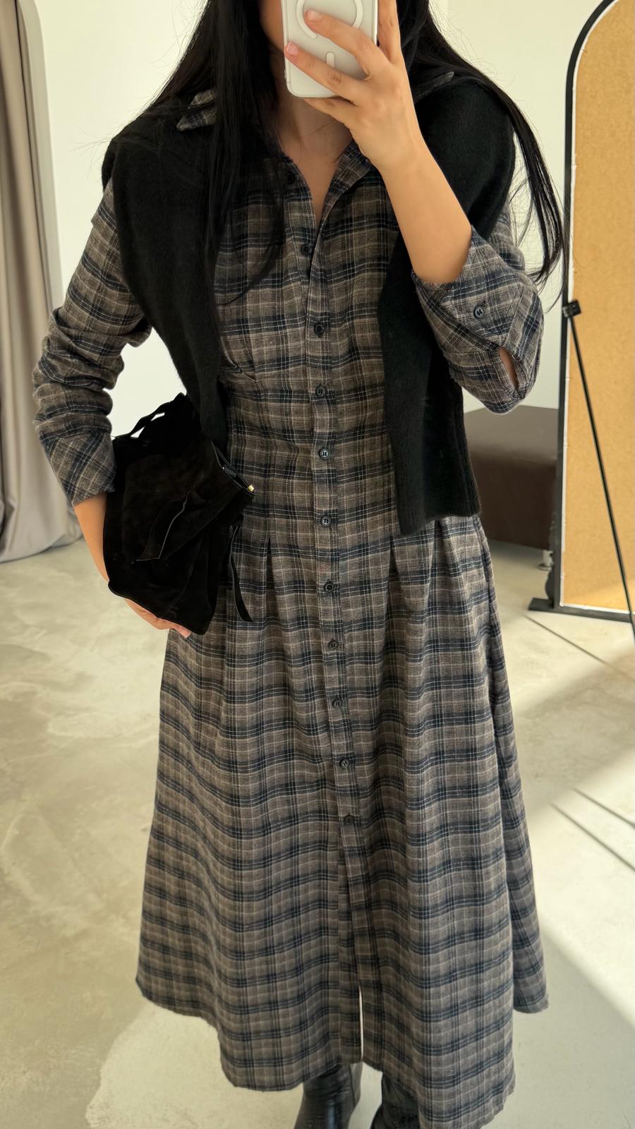 Ekose Desen Belden Pensli Elbise