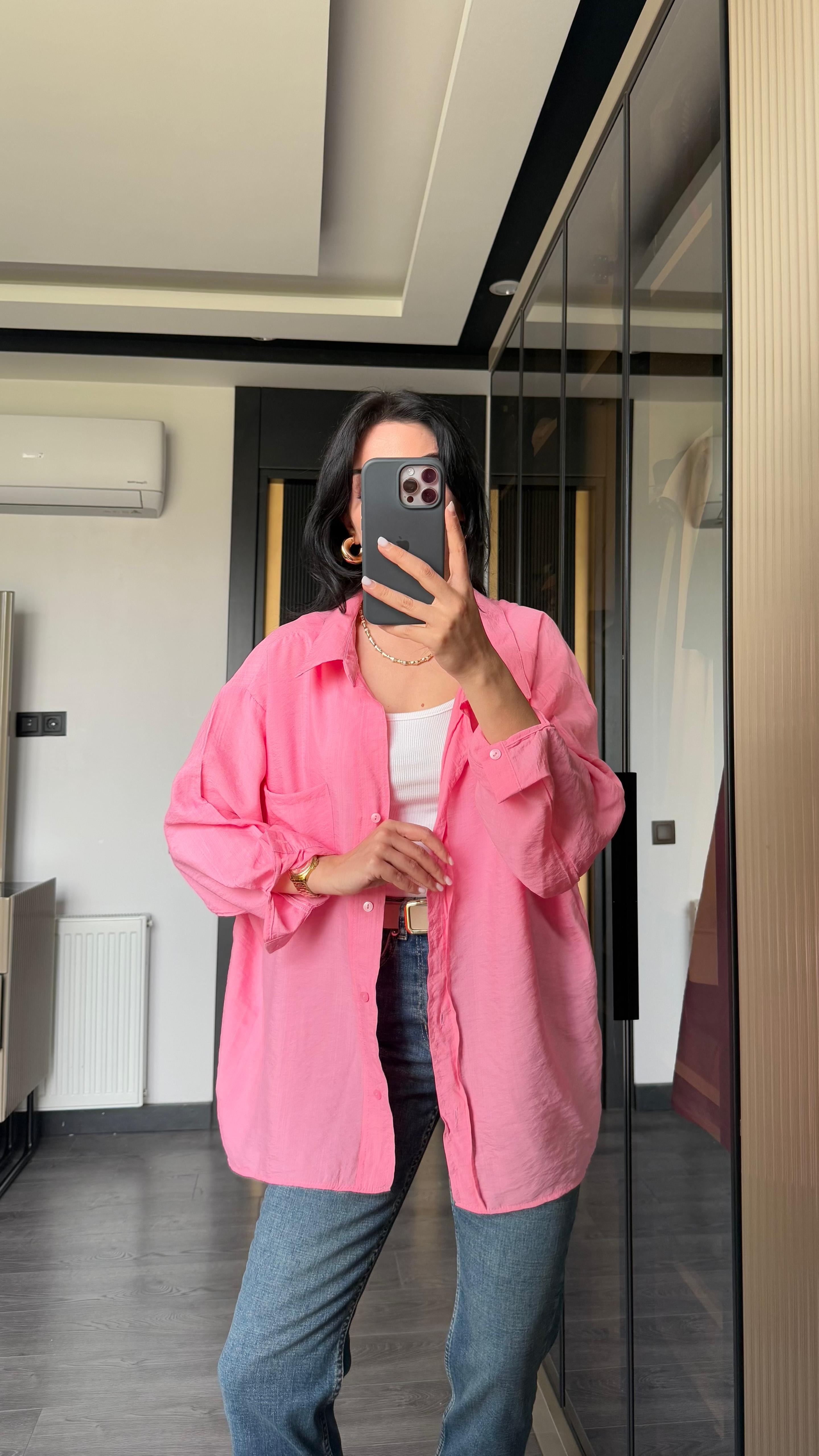 Oversize Tensel Gömlek  - Pembe