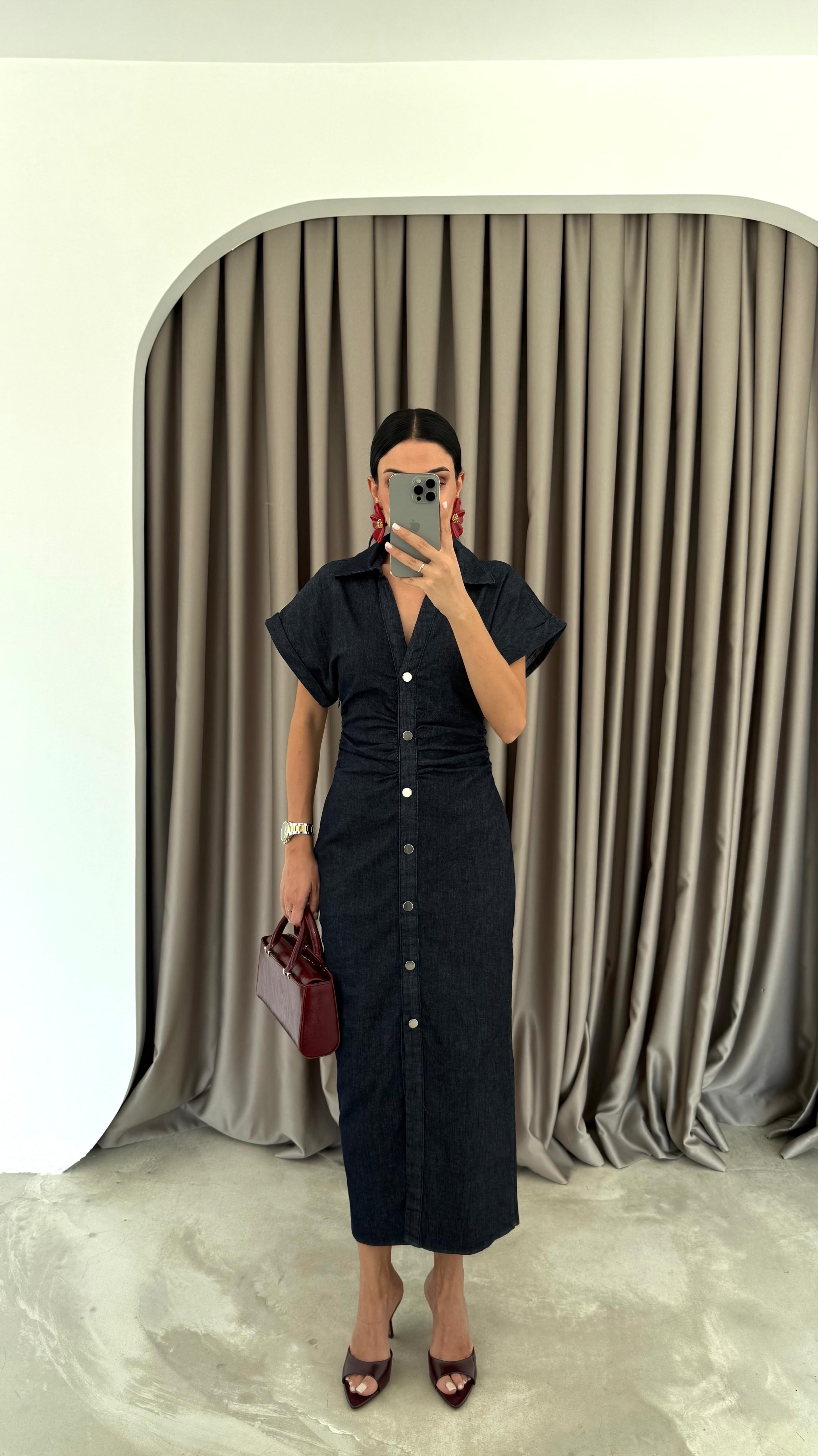 Denim Düşük Kol Drapeli Elbise (VNT8198)