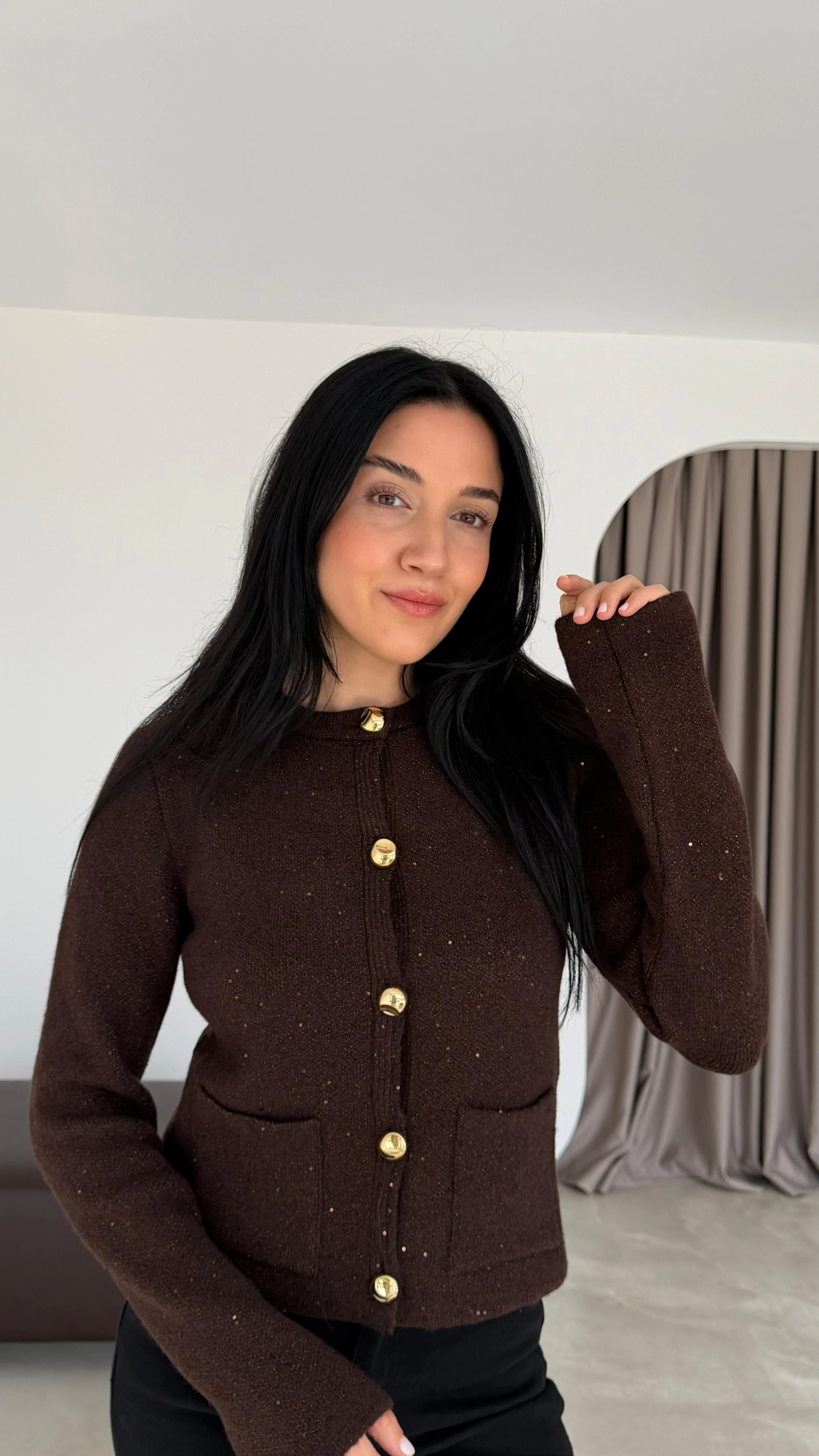 Bisiklet Yaka Pullu Simli  Triko Hırka - KAHVERENGİ