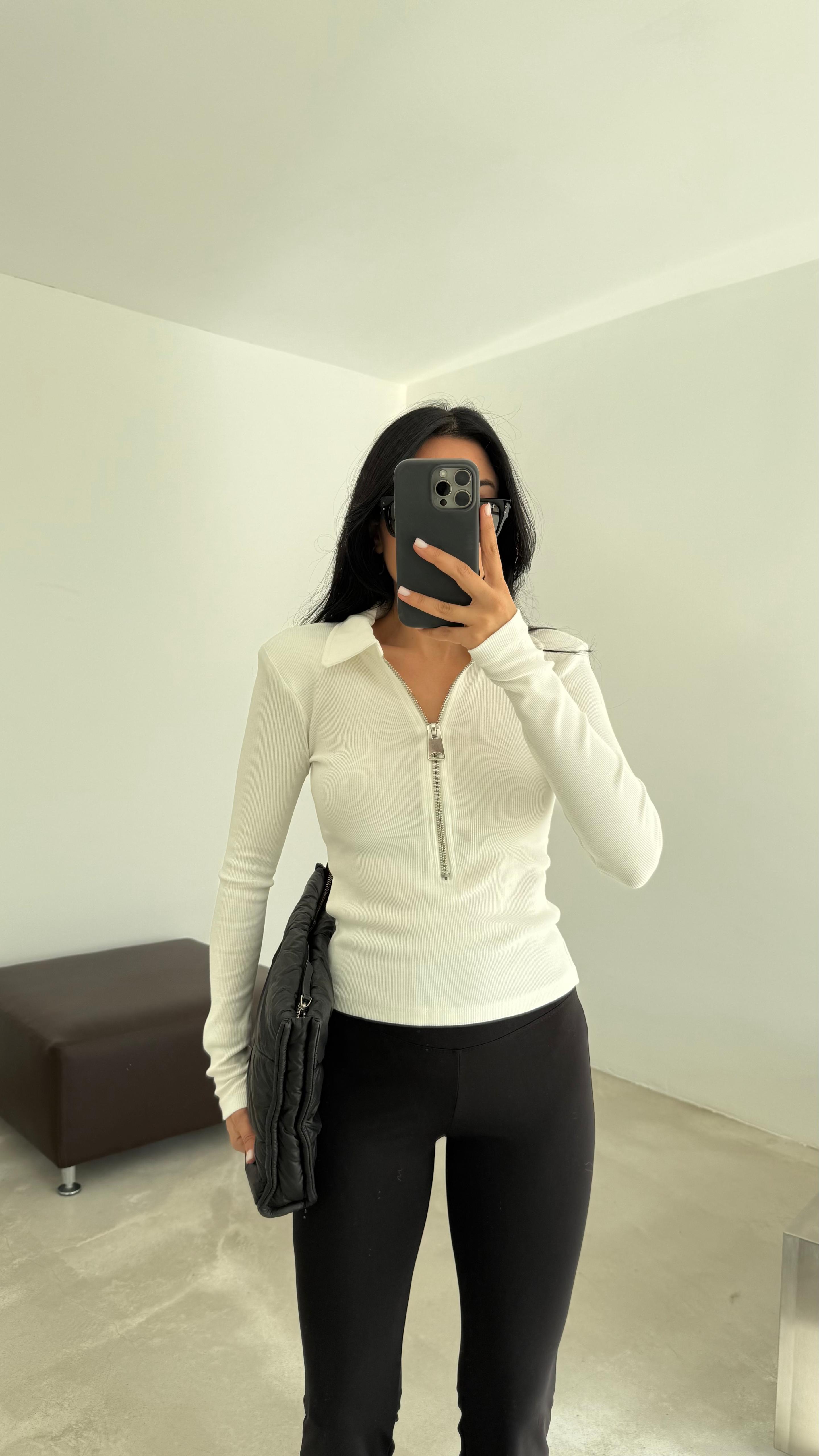 Yarım Fermuar Fitilli Bluz