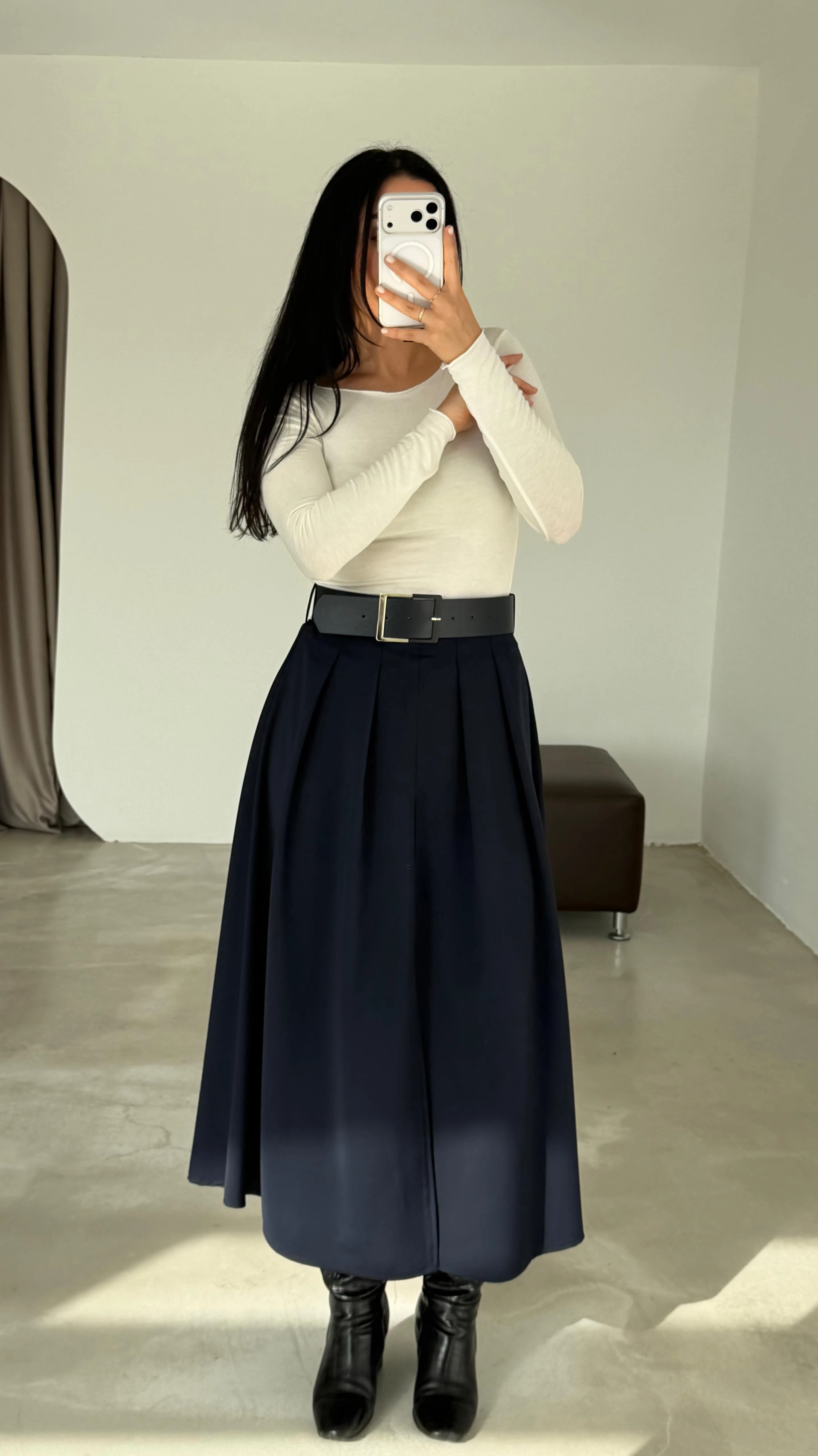 Kemerli Önden Yırtmaçlı Maxi Etek - Lacivert