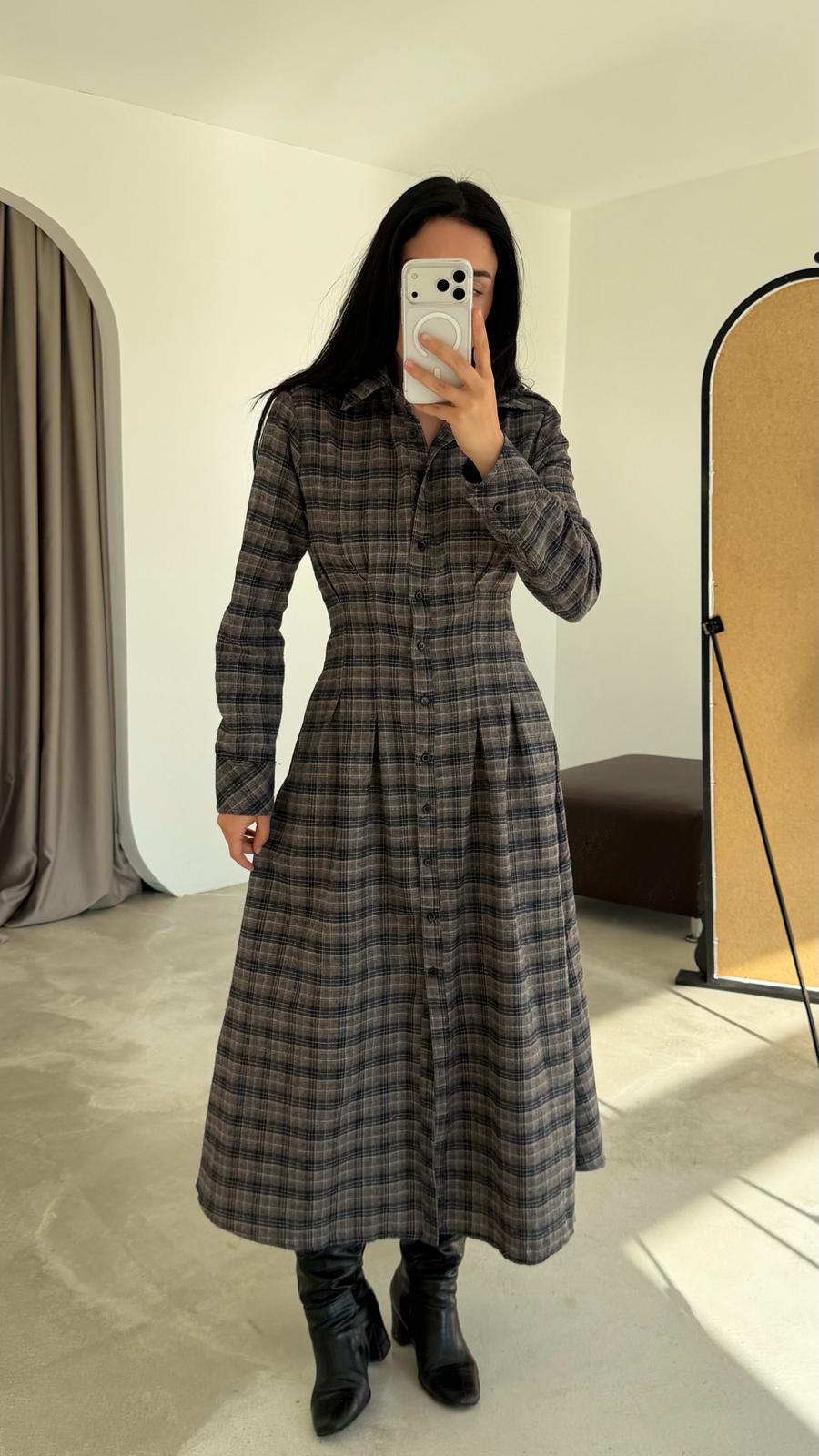 Ekose Desen Belden Pensli Elbise