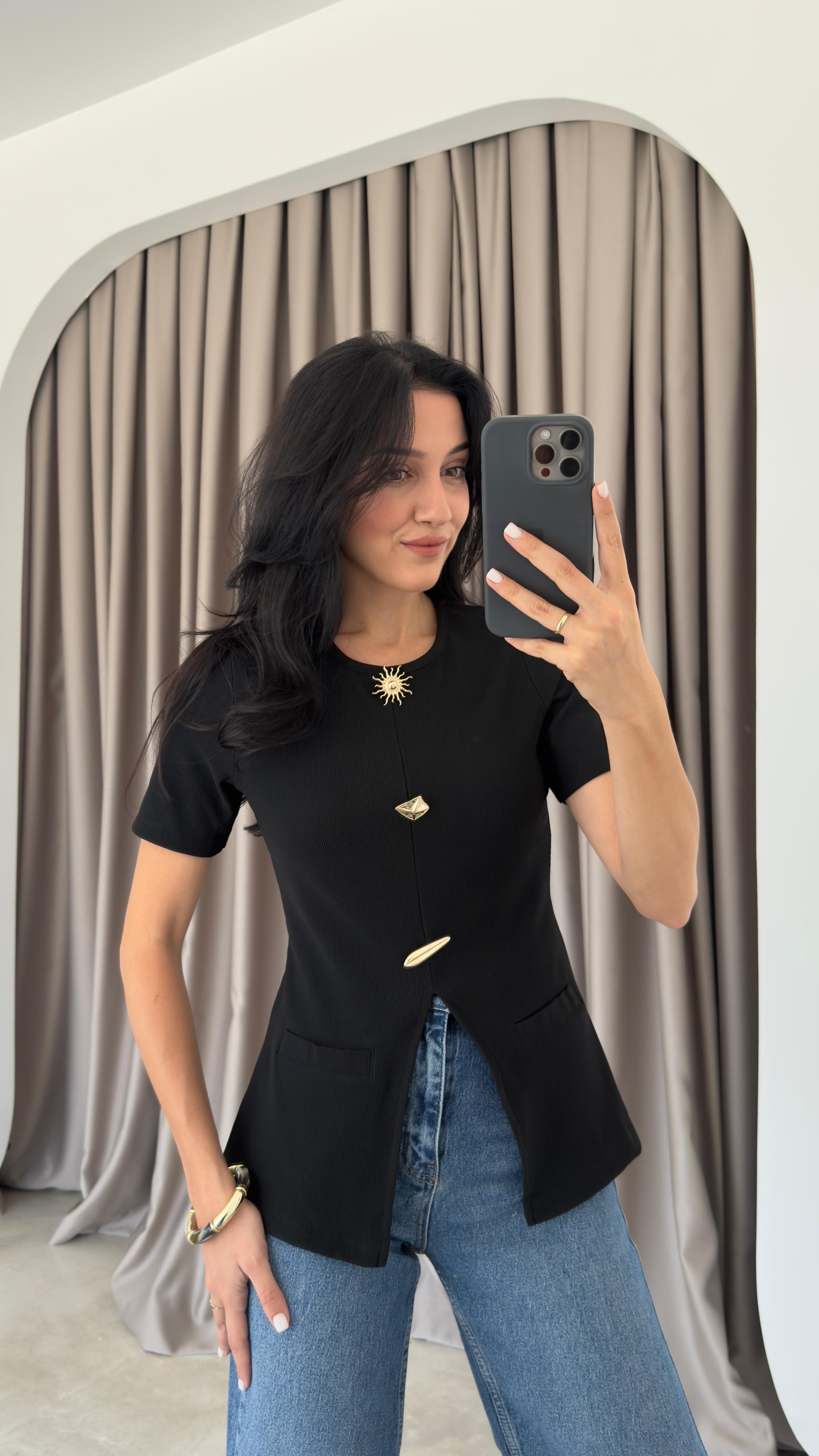Ottoman Kumaş Gold Düğme Detaylı Bluz