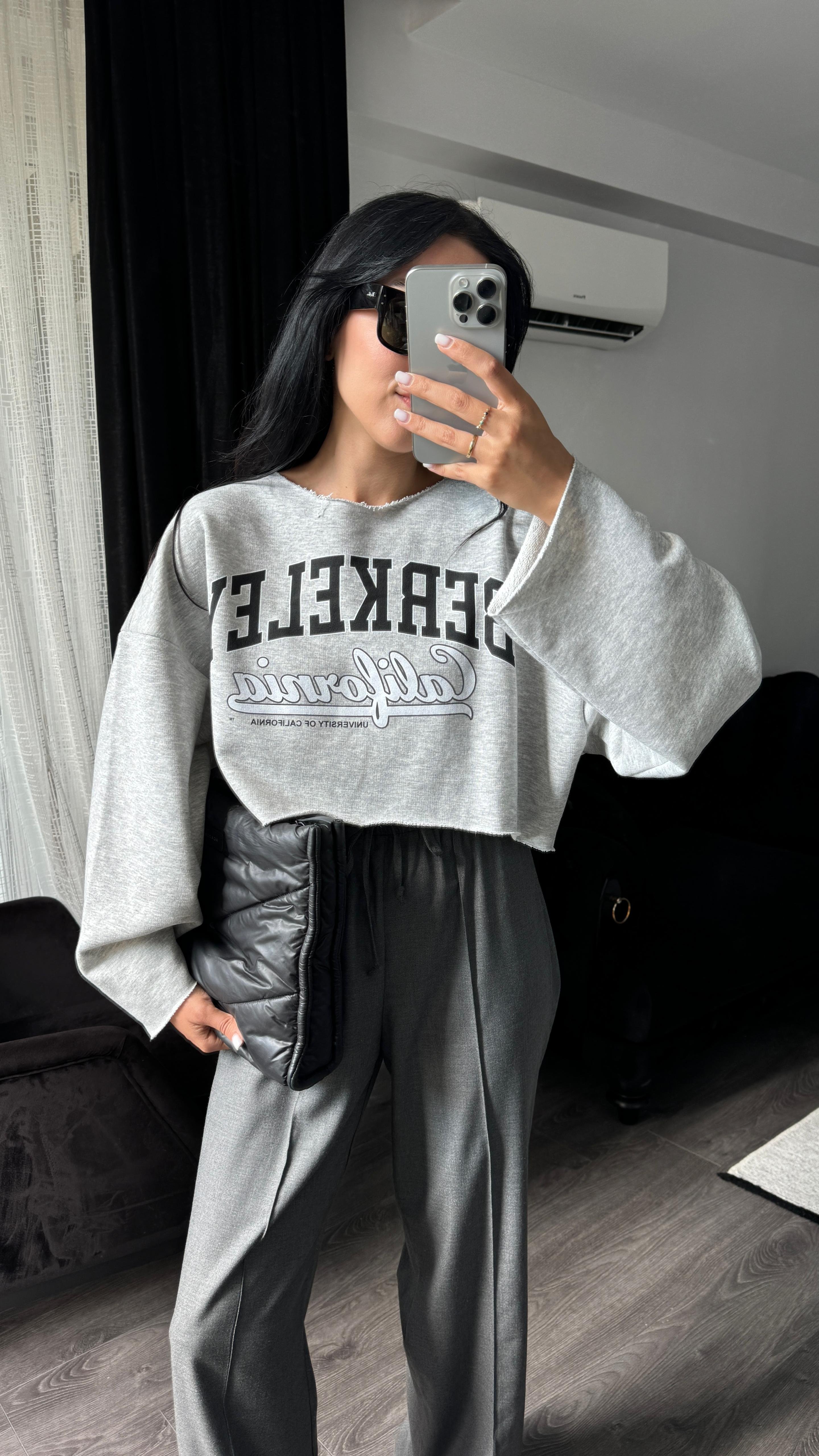 Gri Baskılı Kısa Sweat